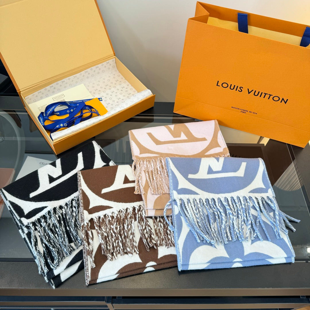 LV 25 Scarf 186cm Brown White Wool 293487