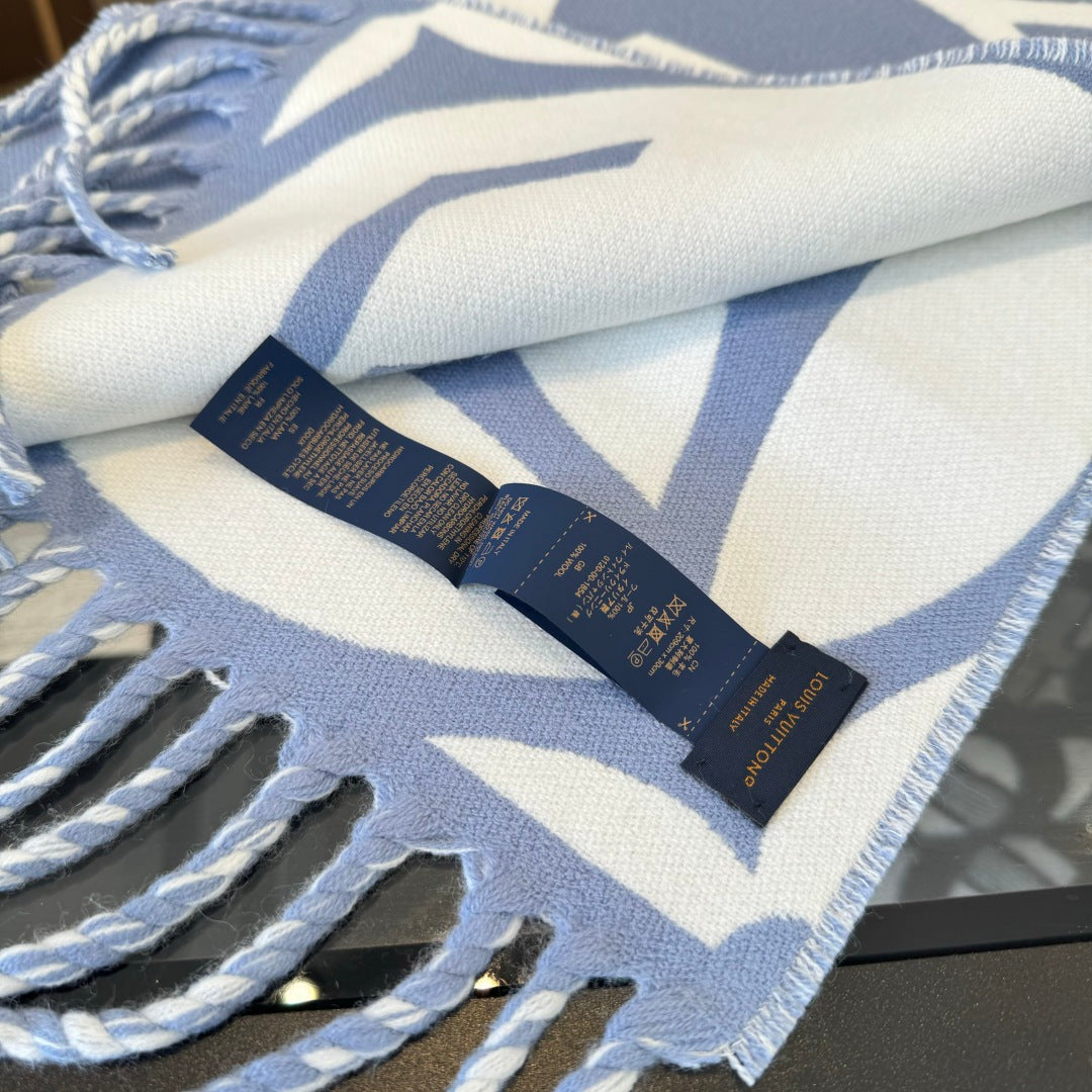 LV 25 Scarf 186cm Light Blue White Wool 293488