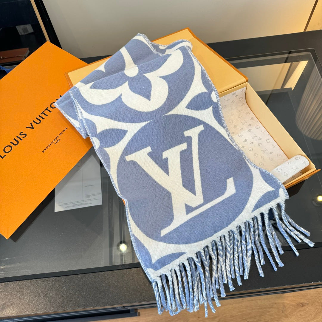 LV 25 Scarf 186cm Light Blue White Wool 293488