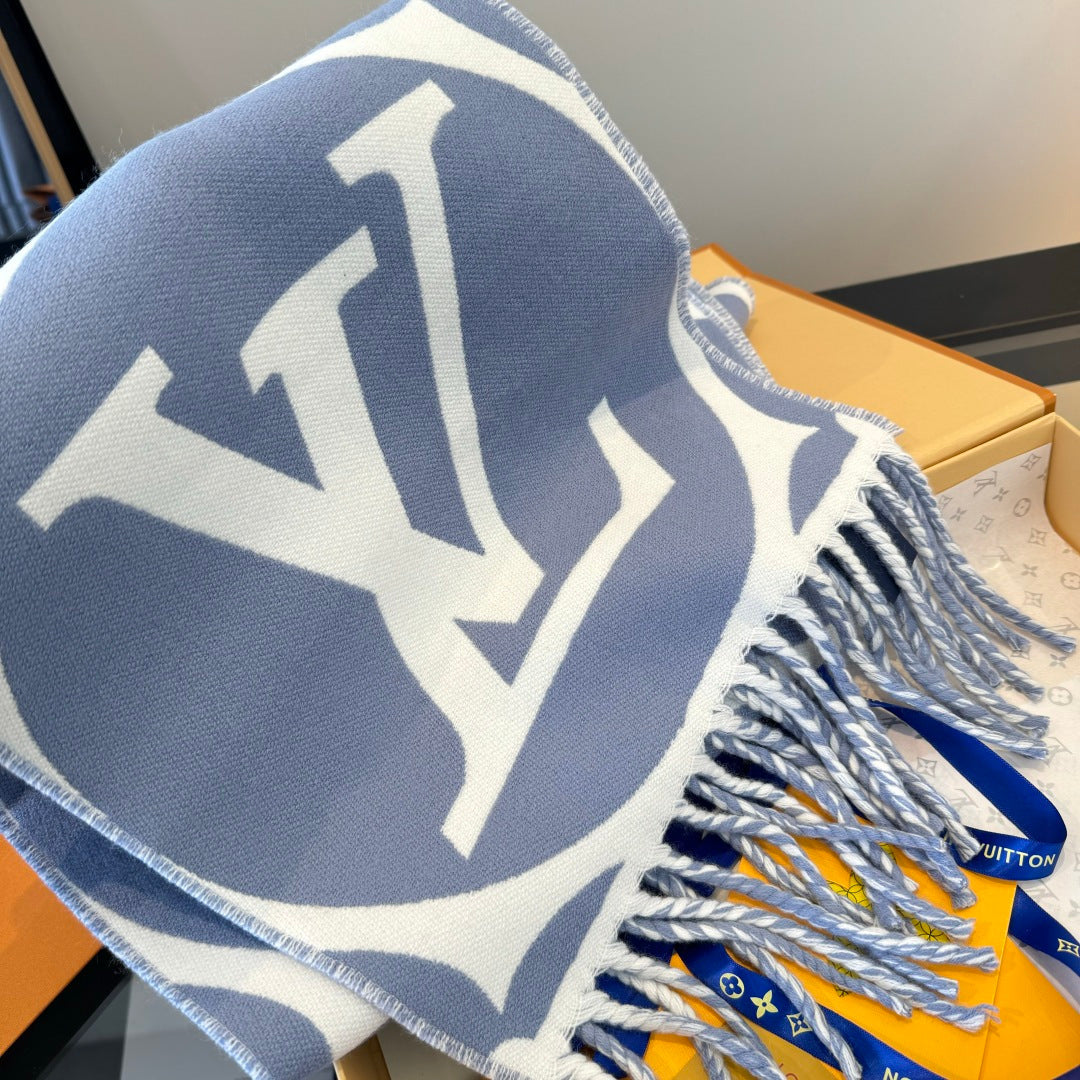 LV 25 Scarf 186cm Light Blue White Wool 293488