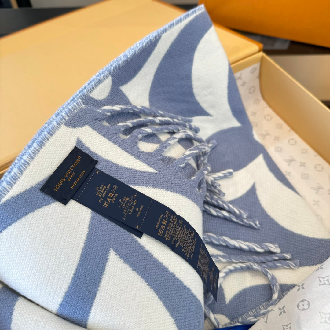 LV 25 Scarf 186cm Light Blue White Wool 293488