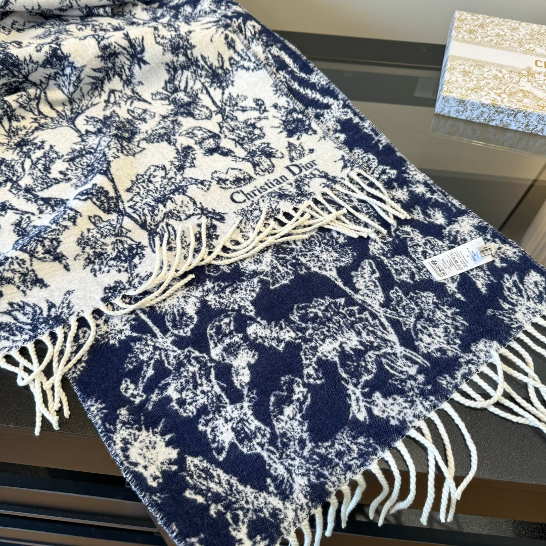 CD Embroidery Scarf 200CM Blue Wool Cashmere 293450