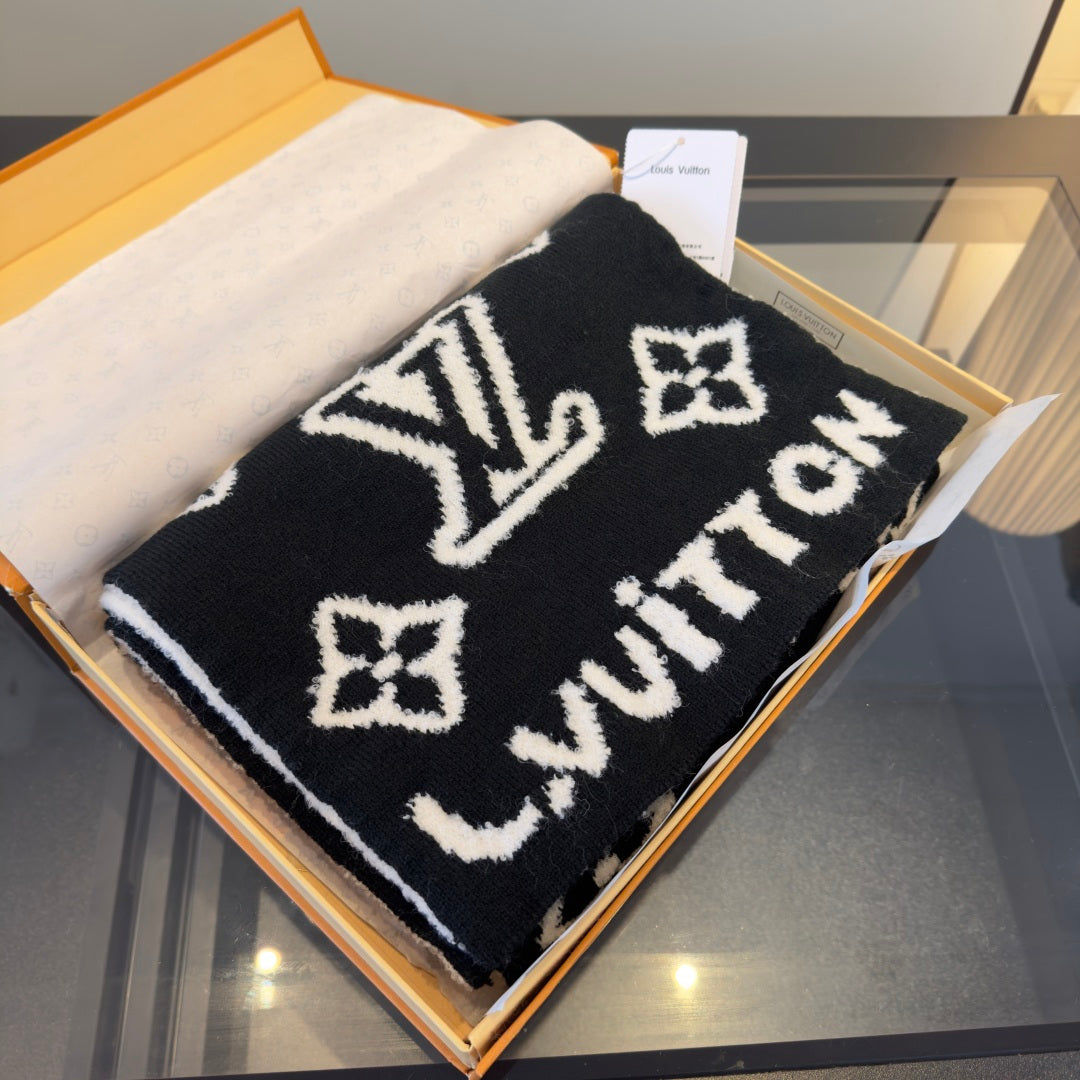 LV 25 Scarf 180cm Black White Wool 293457