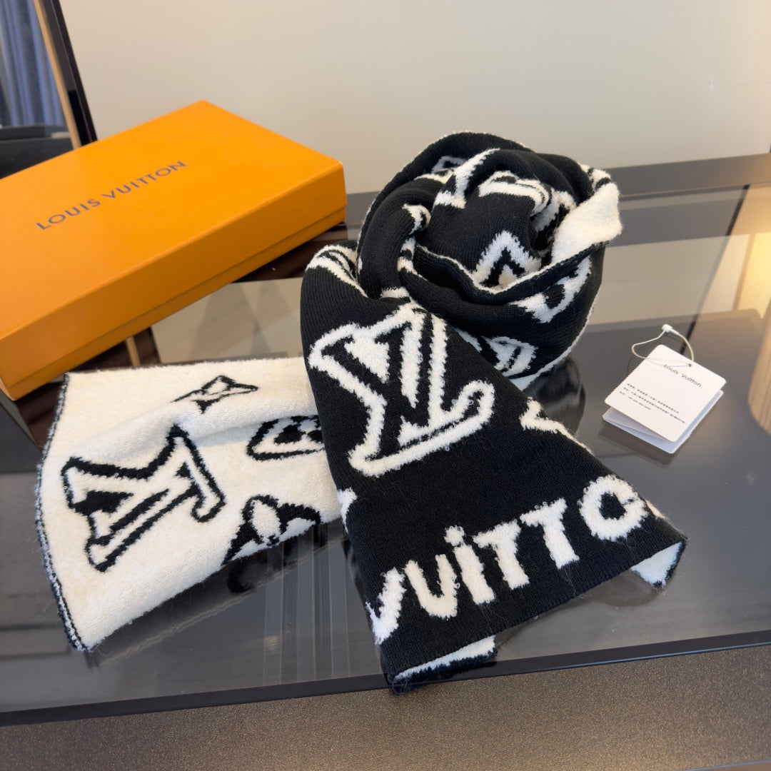 LV 25 Scarf 180cm Black White Wool 293457