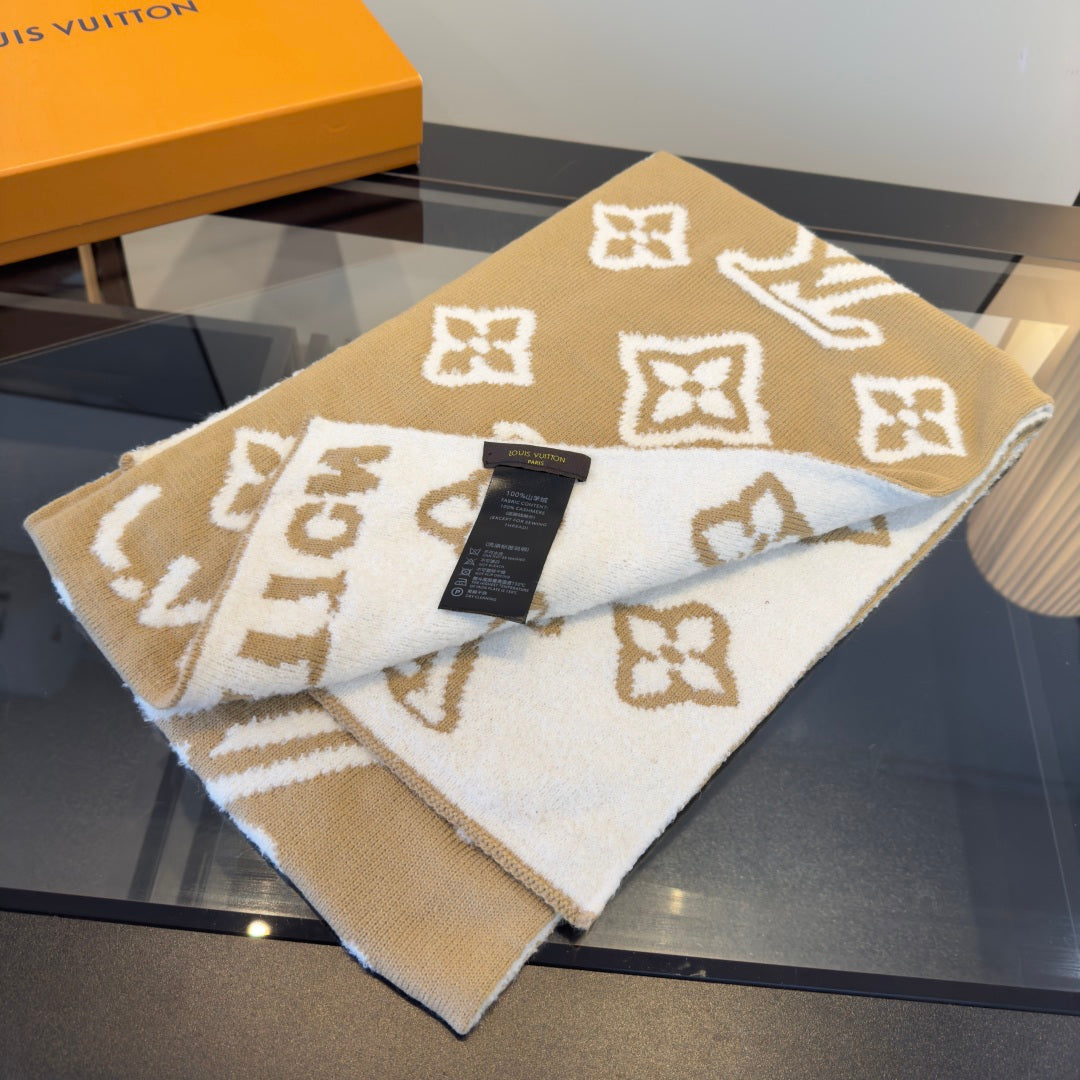 LV 25 Scarf 180cm Light Brown White Wool 293458