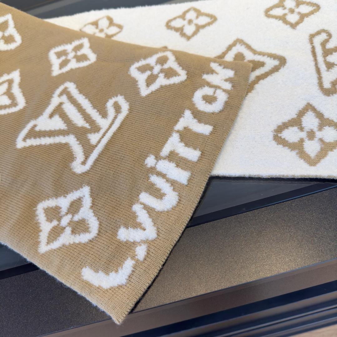 LV 25 Scarf 180cm Light Brown White Wool 293458