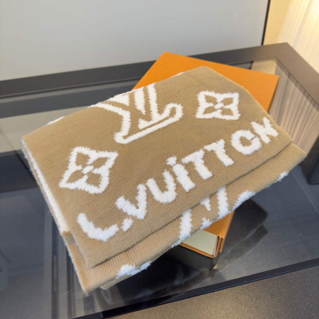 LV 25 Scarf 180cm Light Brown White Wool 293458