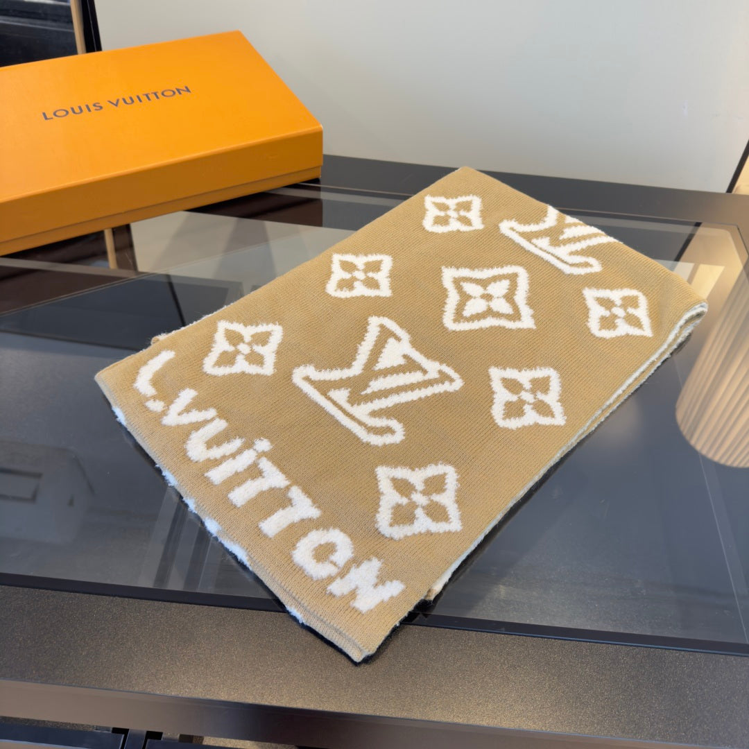 LV 25 Scarf 180cm Light Brown White Wool 293458