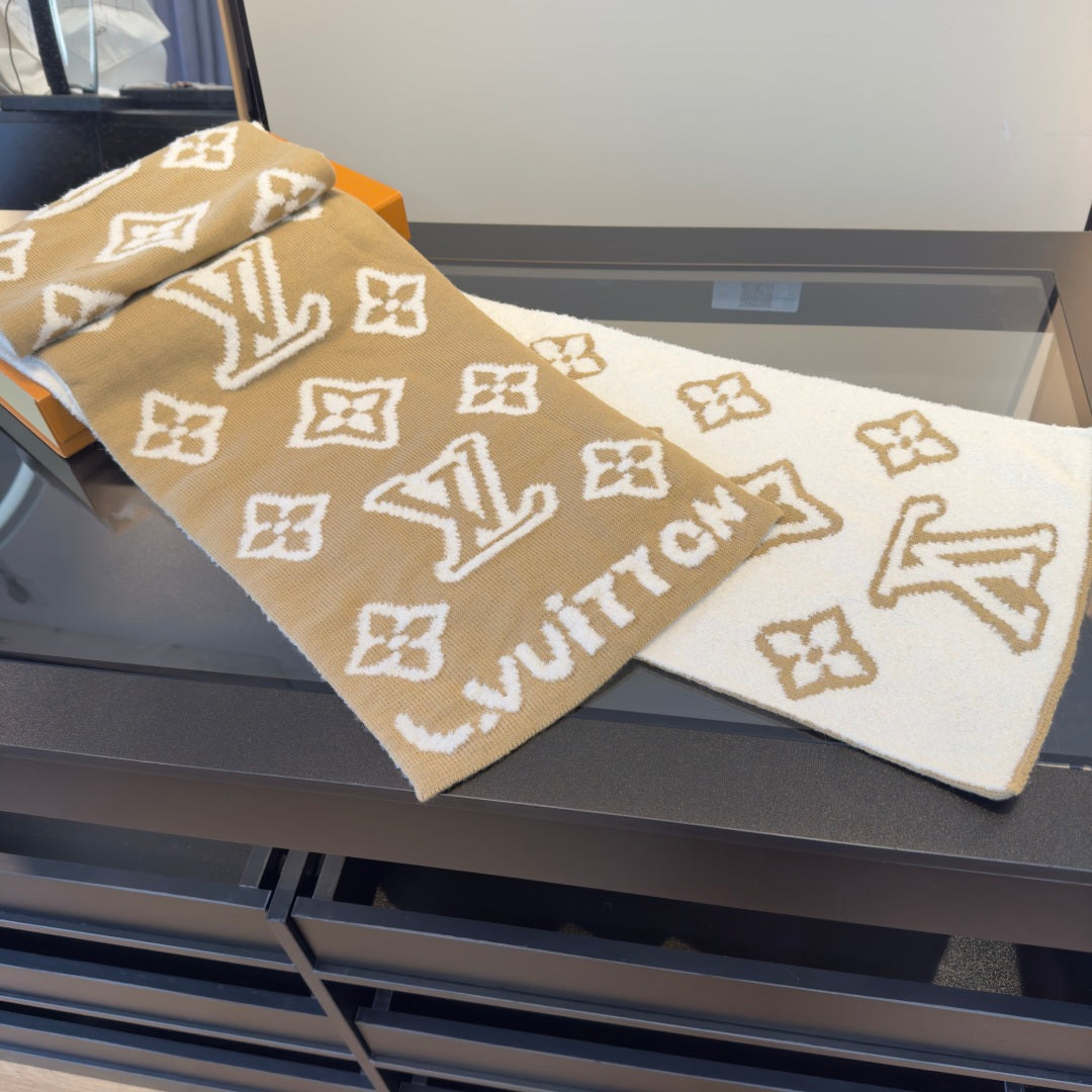 LV 25 Scarf 180cm Light Brown White Wool 293458