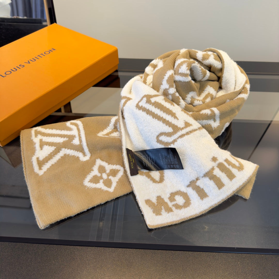 LV 25 Scarf 186cm Beige White Wool 293489