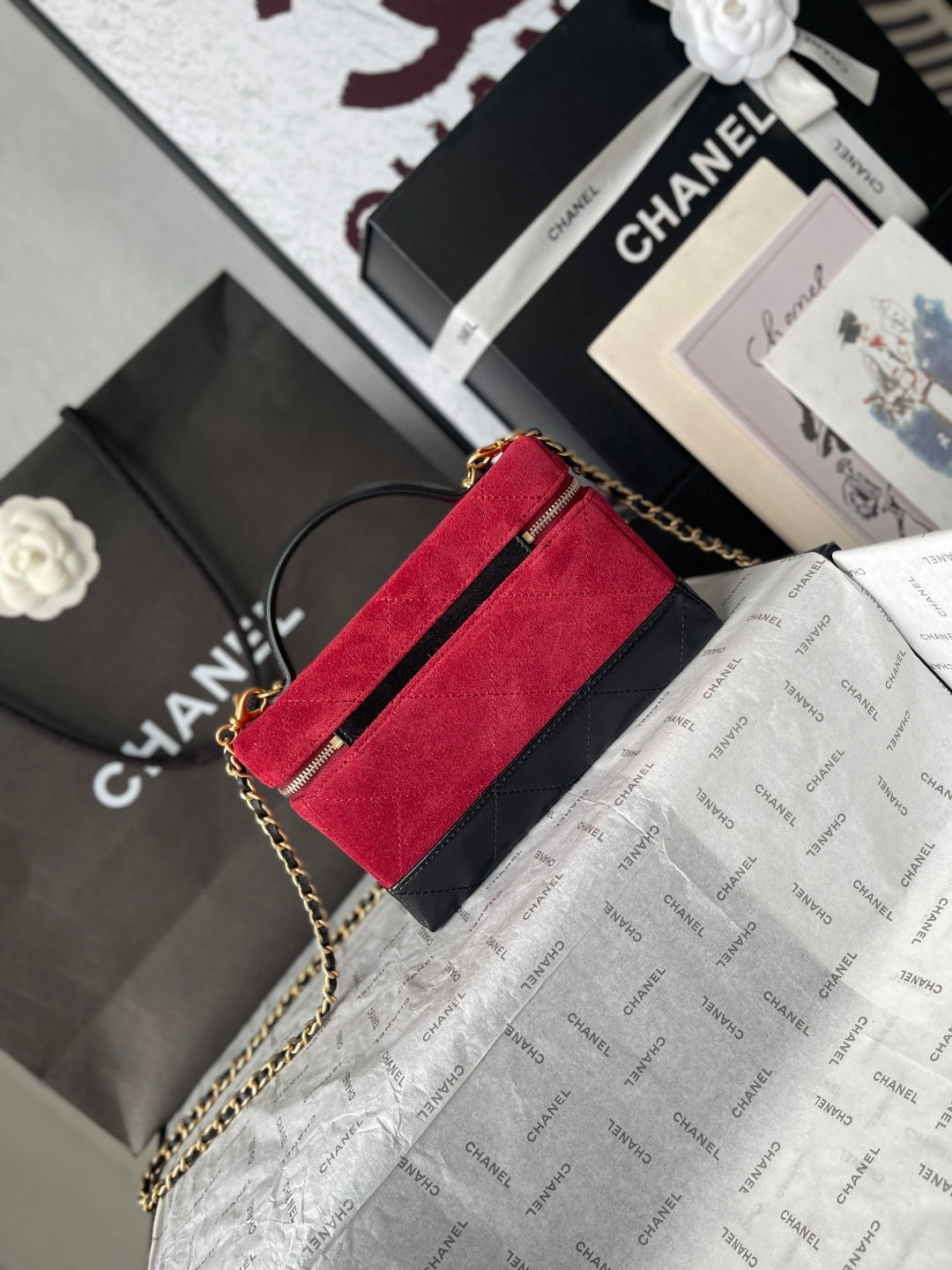 Chanel 2026 Vanity Bag 19.5cm Red mix Black Suede Leather
