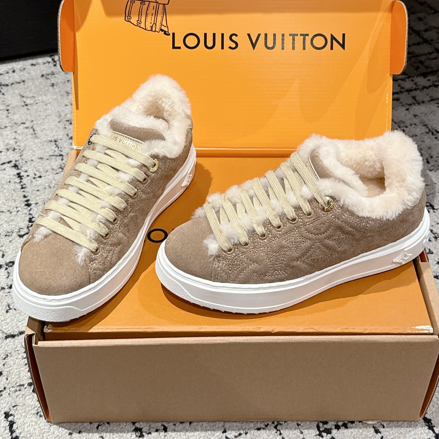 LV 2026 Time Out Sneaker Beige White Suede Wool 595291