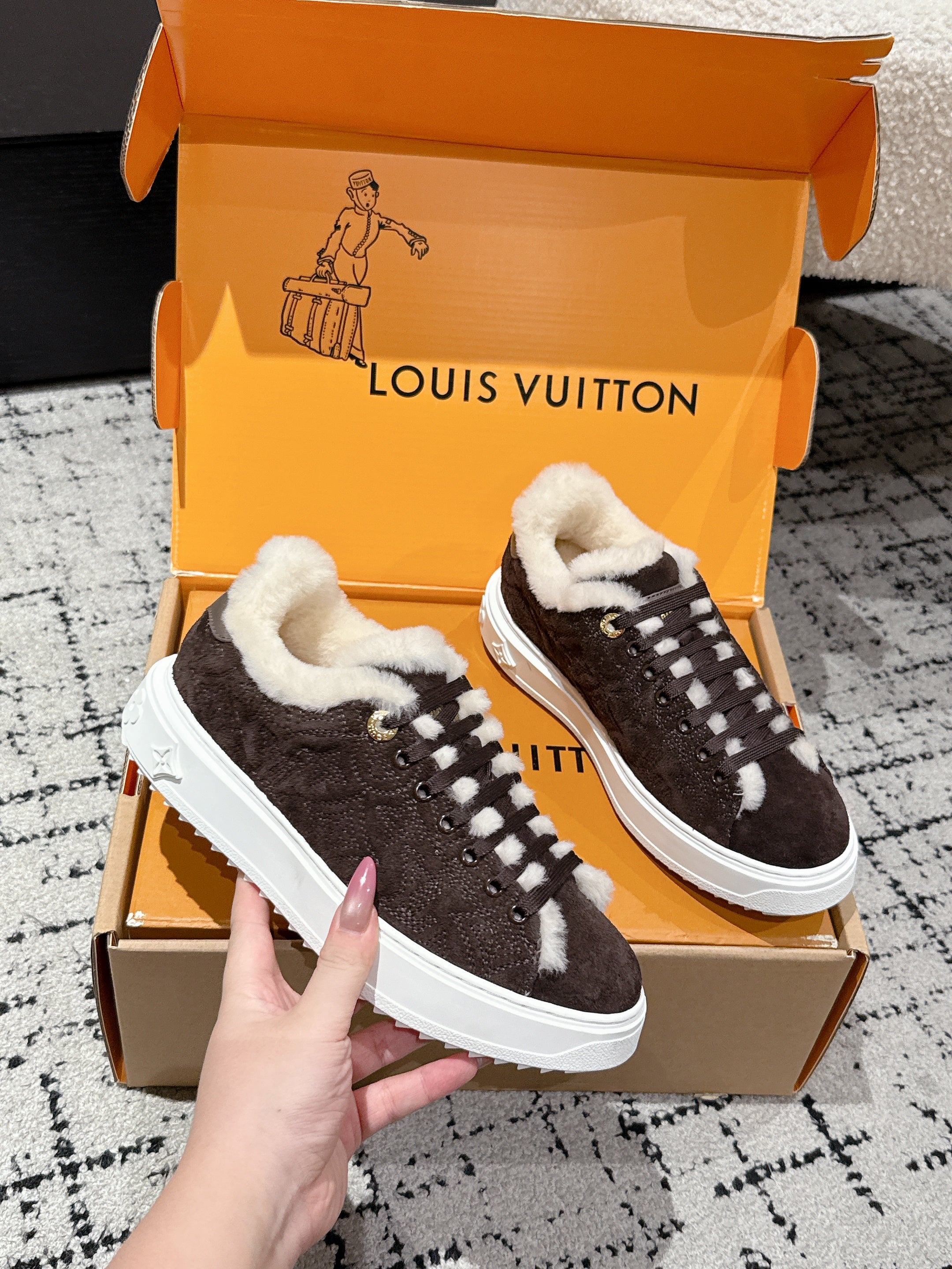 LV 2026 Time Out Sneaker Brown White Suede Wool 595292