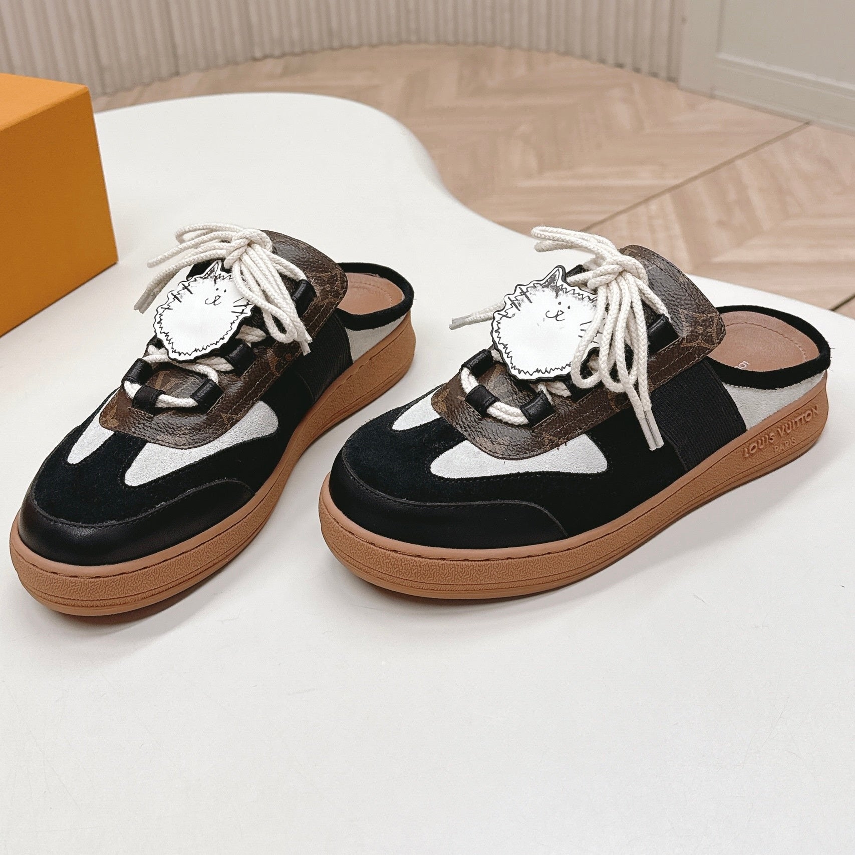 LV 2026 Lous Open Back Sneaker Black Brown Suede Canvas Leather 595415