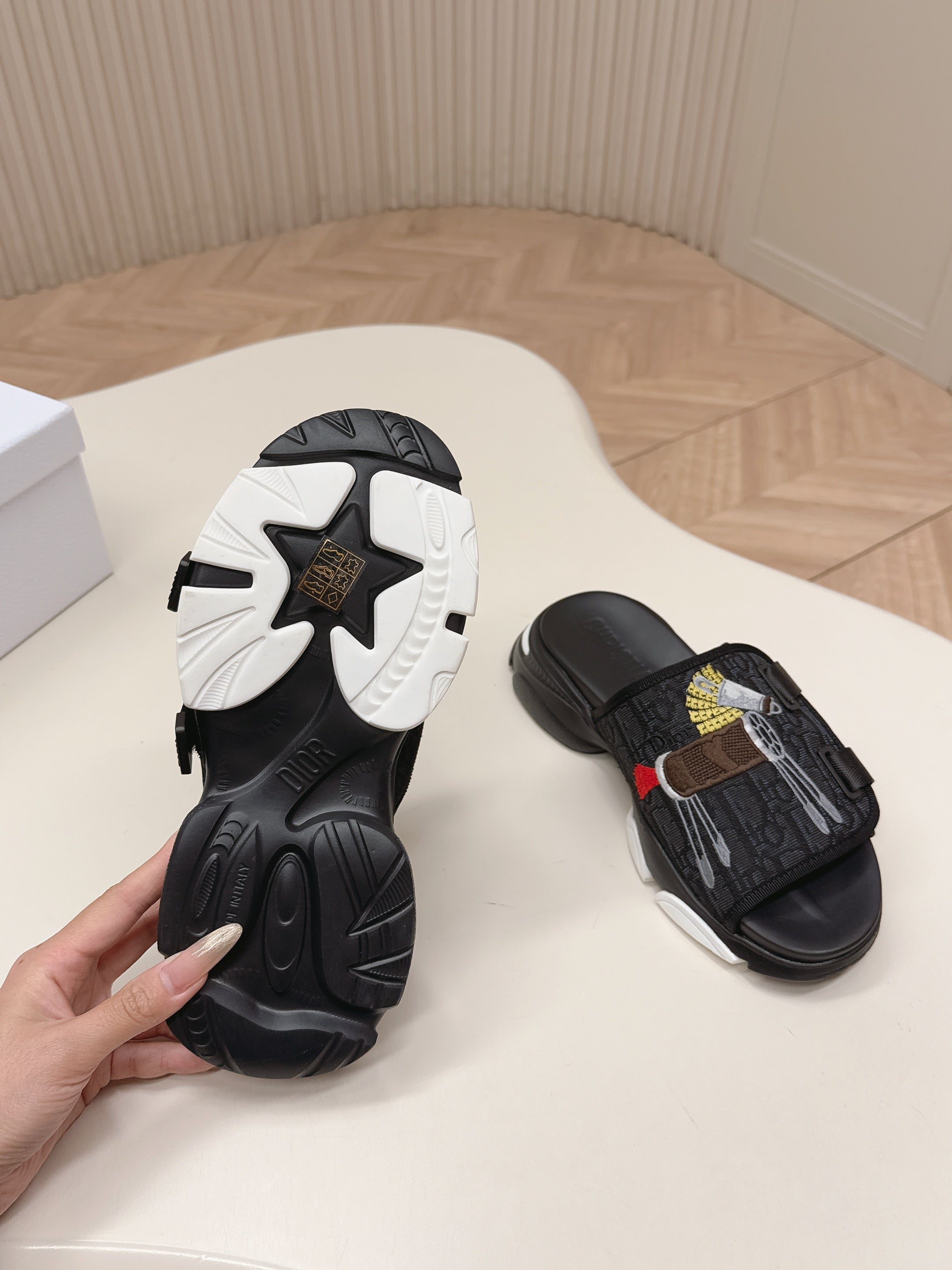 CD 26s  Platform Slippers 35 Black Canvas Lambskin 643808