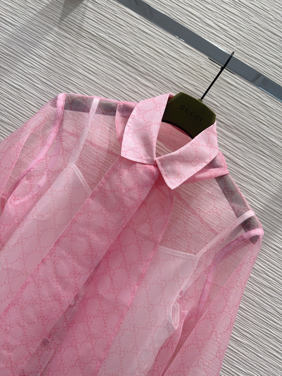 Gucci 2026 GG Tie-neck Printed Chiffon Shirt Pink Polyester 131877