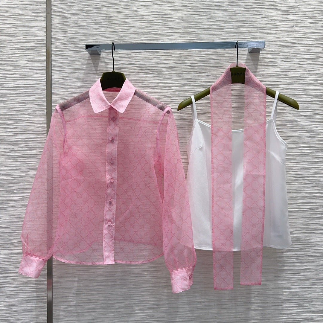 Gucci 2026 GG Tie-neck Printed Chiffon Shirt Pink Polyester 131877