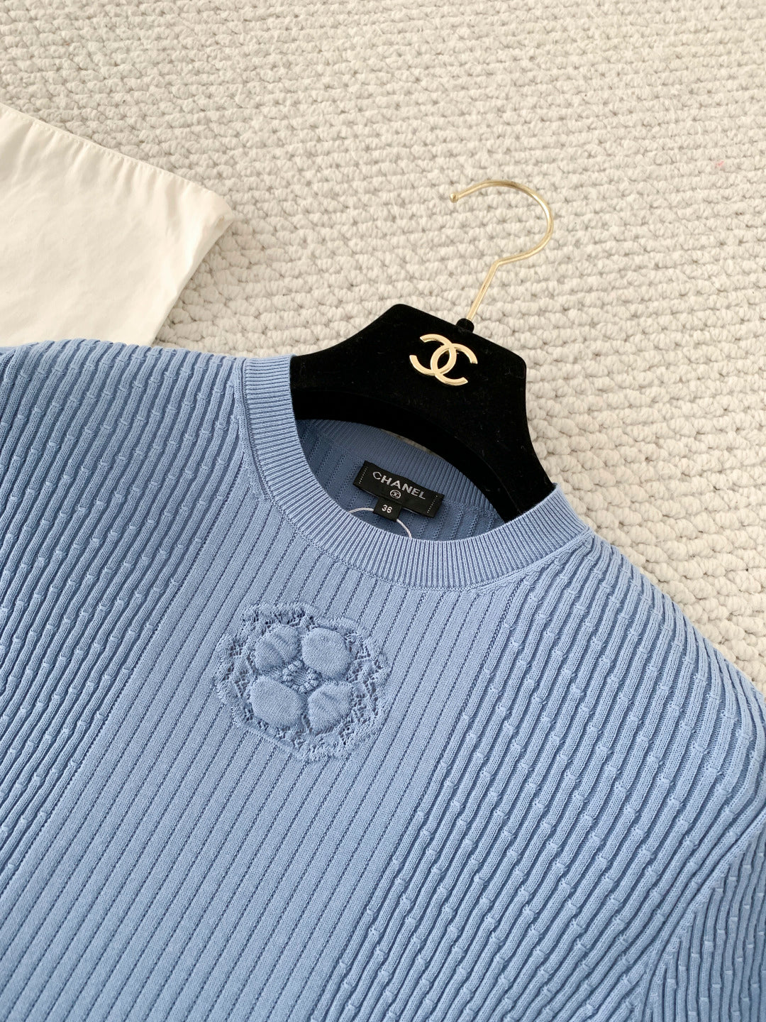 Chanel 2026 Logo Knit Short-Sleeve T-Shirt Blue Cotton 356628