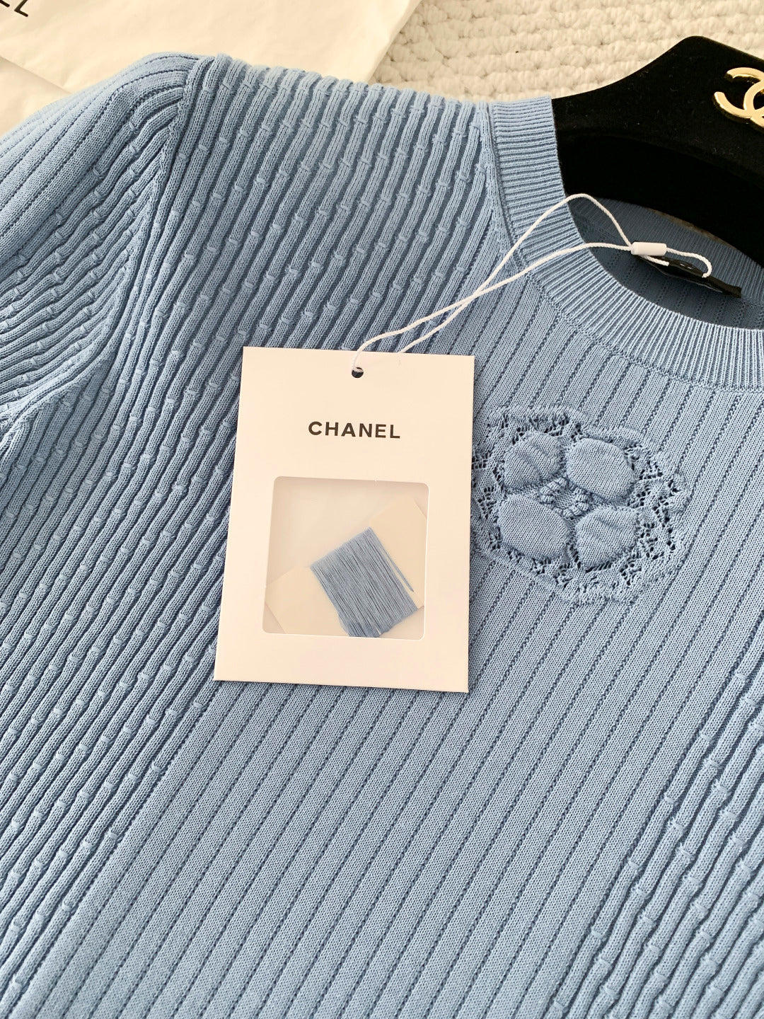 Chanel 2026 Logo Knit Short-Sleeve T-Shirt Blue Cotton 356628