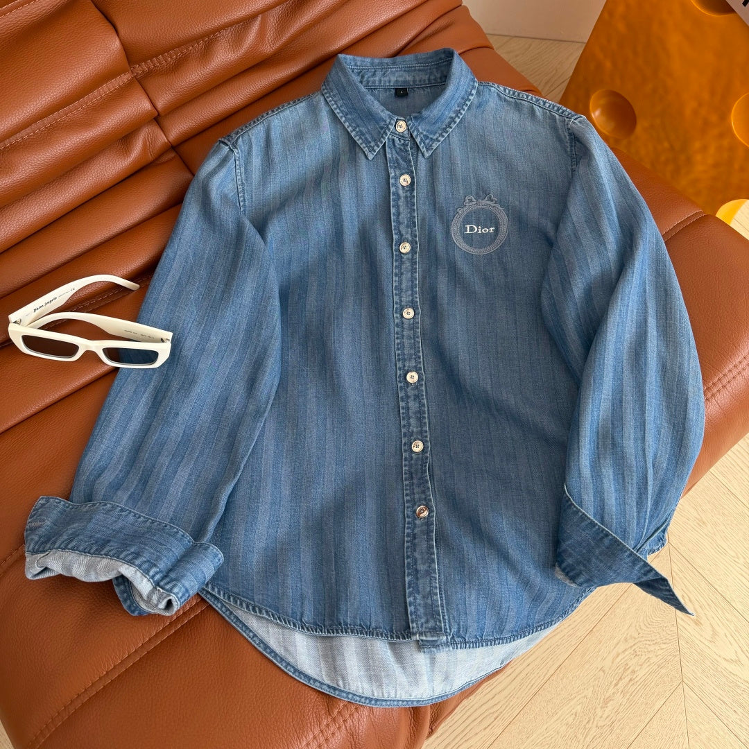 Dior 2026 Embroidered Badge Pattern Denim Shirt Blue Cotton 400837