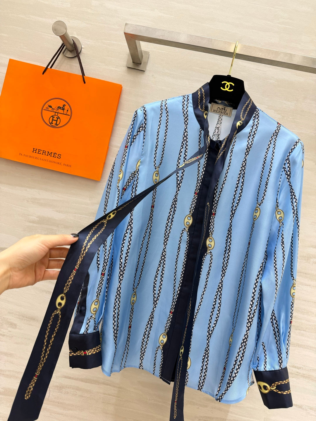 Hermes 2026 Chain Print Ribbon Shirt Blue Silk 408796