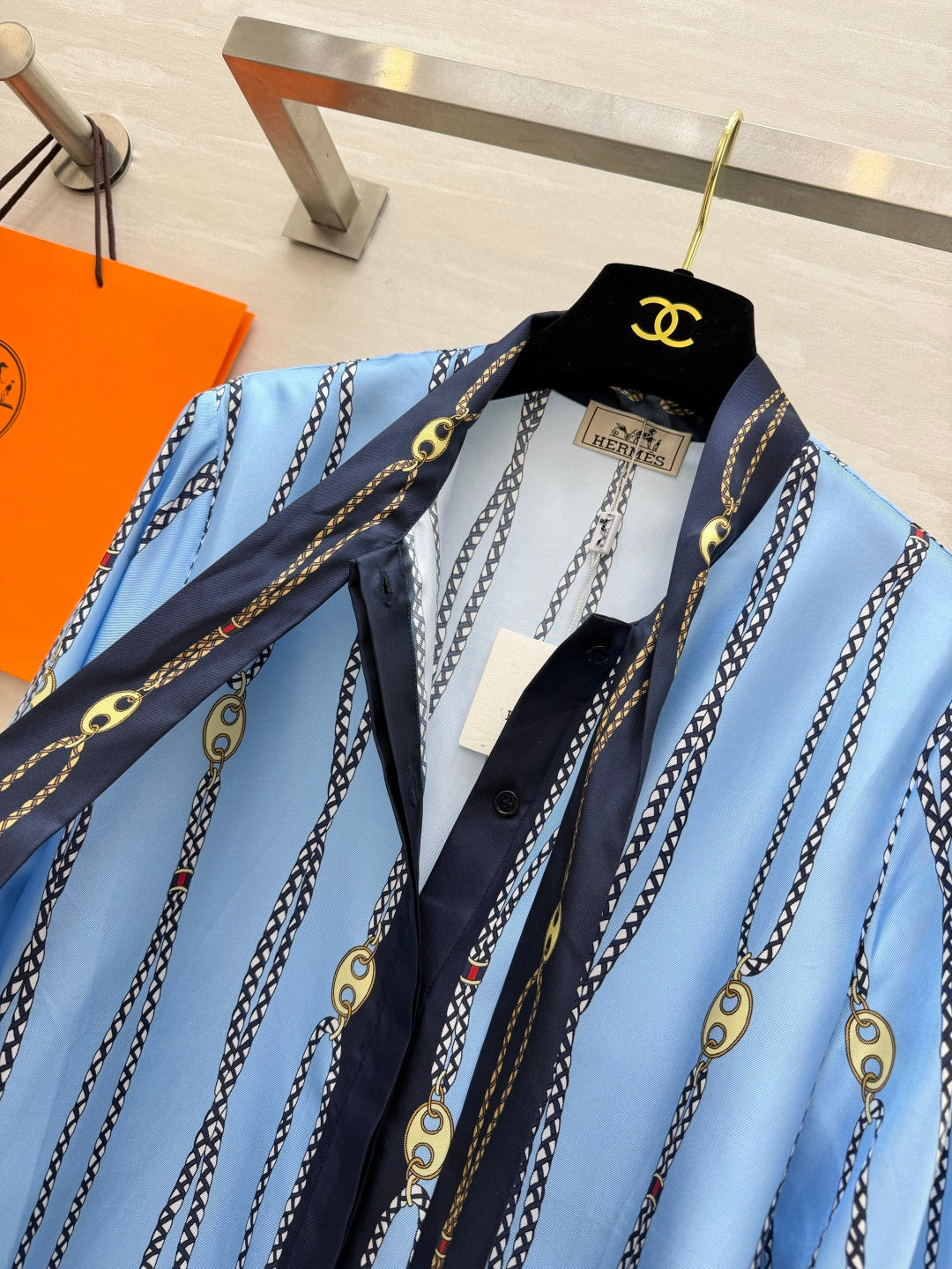 Hermes 2026 Chain Print Ribbon Shirt Blue Silk 408796