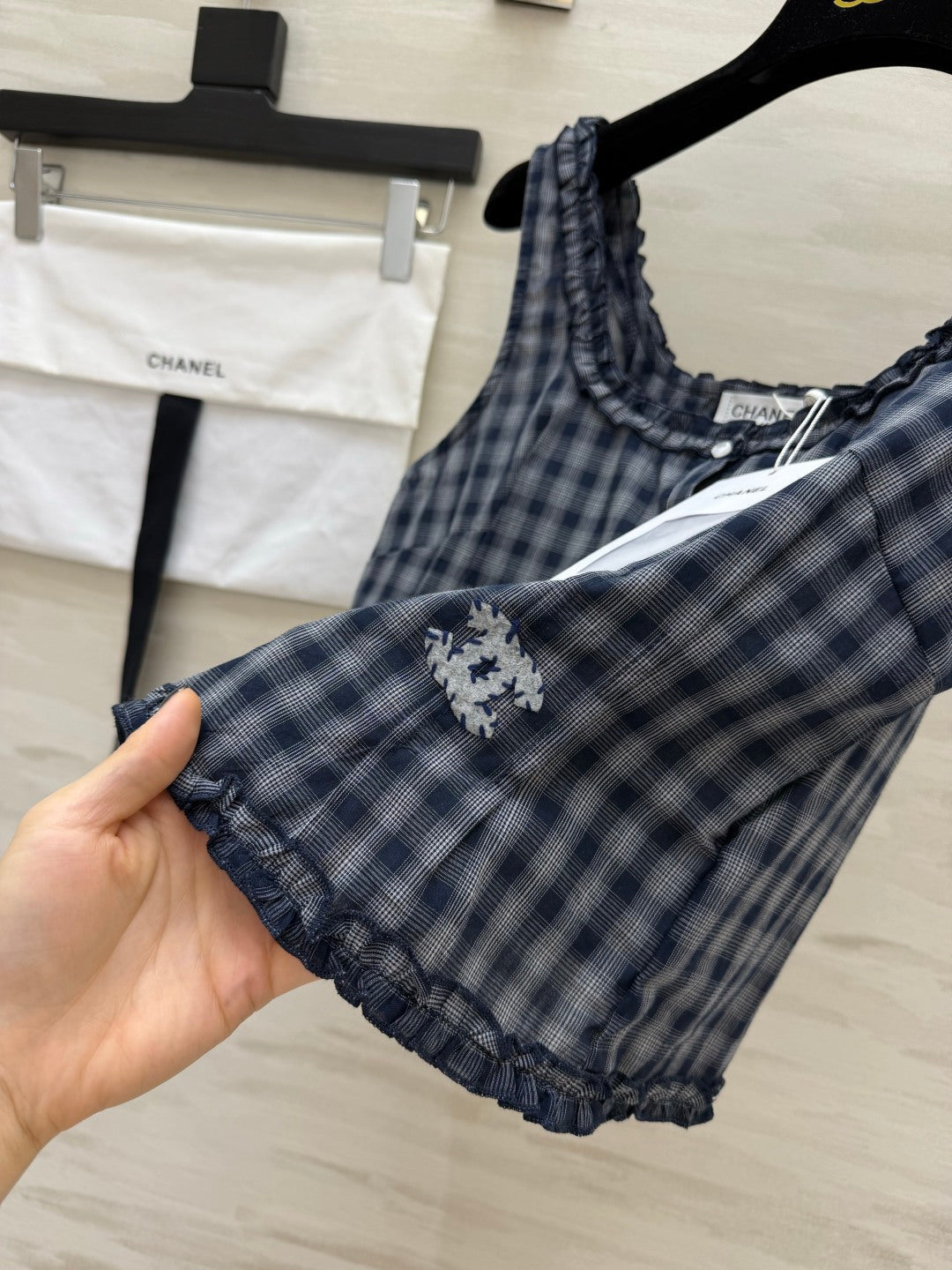 Chanel 2026 Checkered Ruffled Camisole Navy Blue Cotton