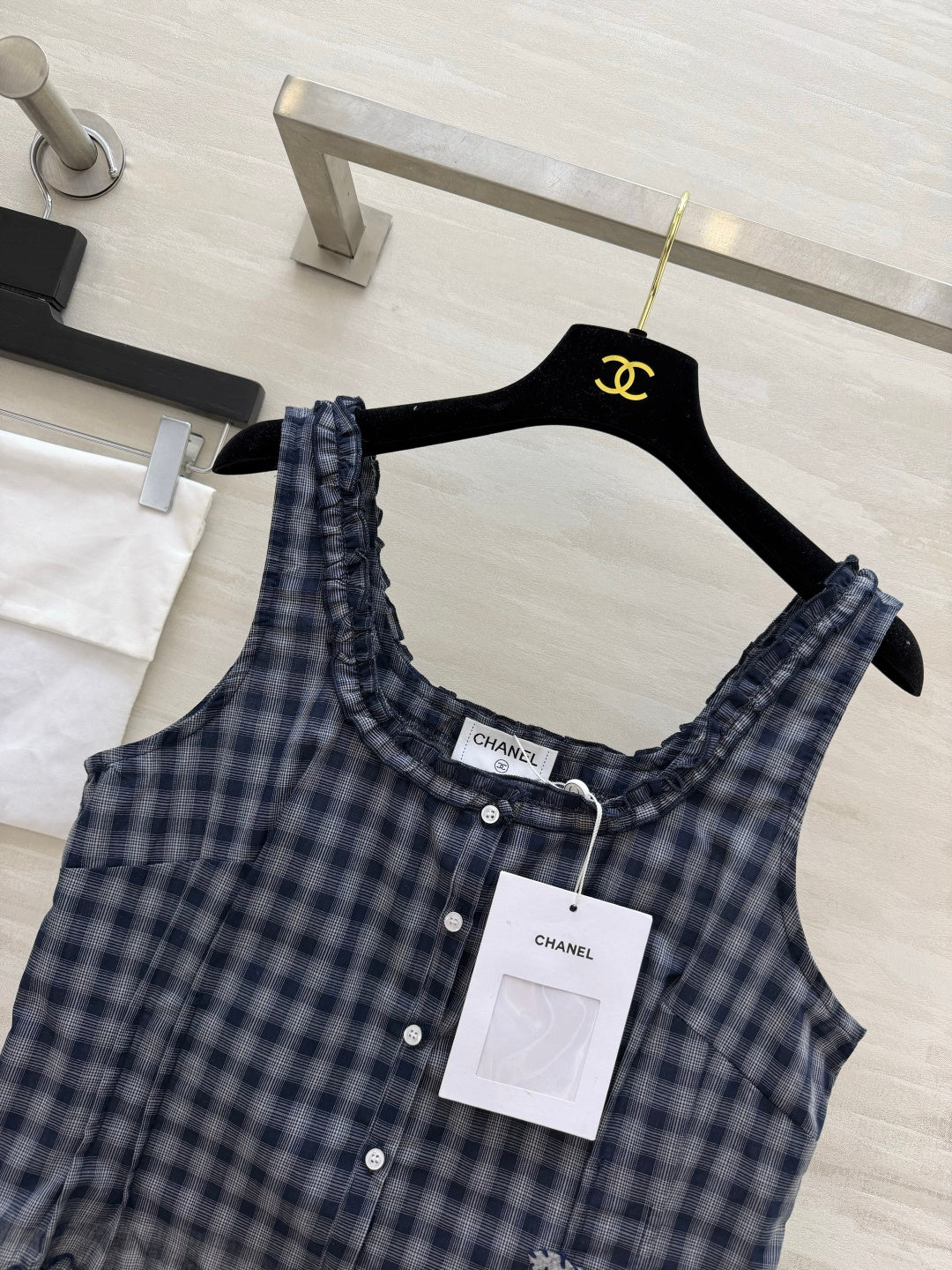 Chanel 2026 Checkered Ruffled Camisole Navy Blue Cotton
