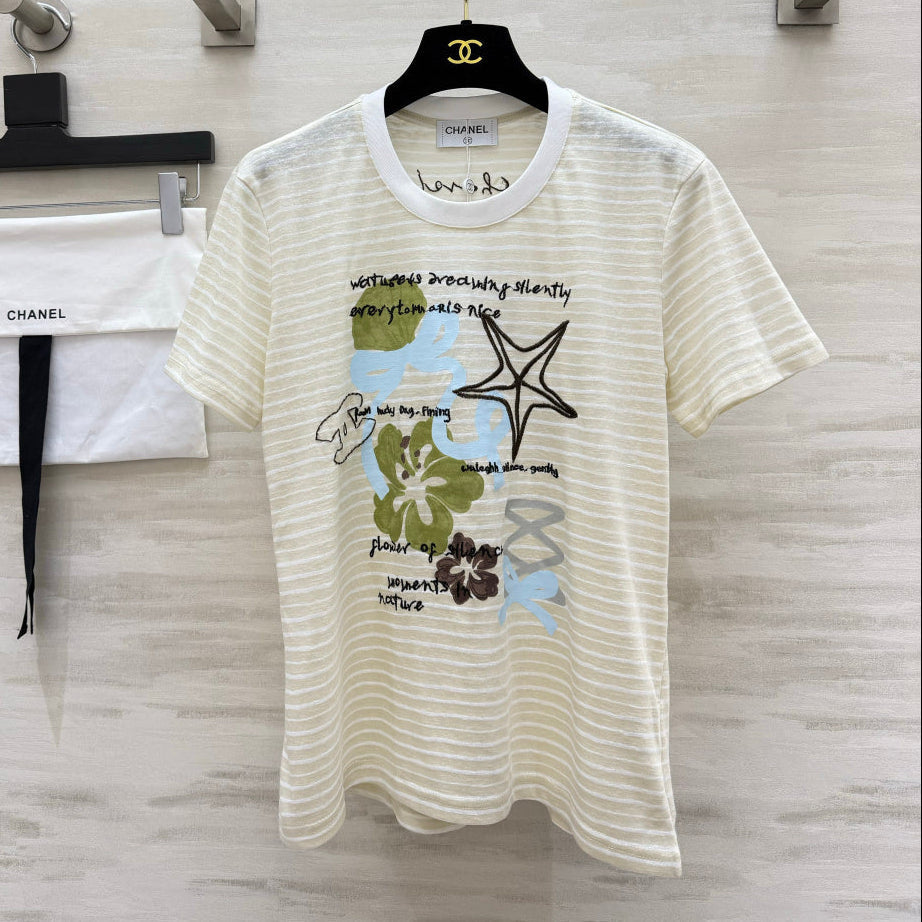 Chanel 2026 Striped Print Short-Sleeve T-Shirt Cream Blue Green Cotton