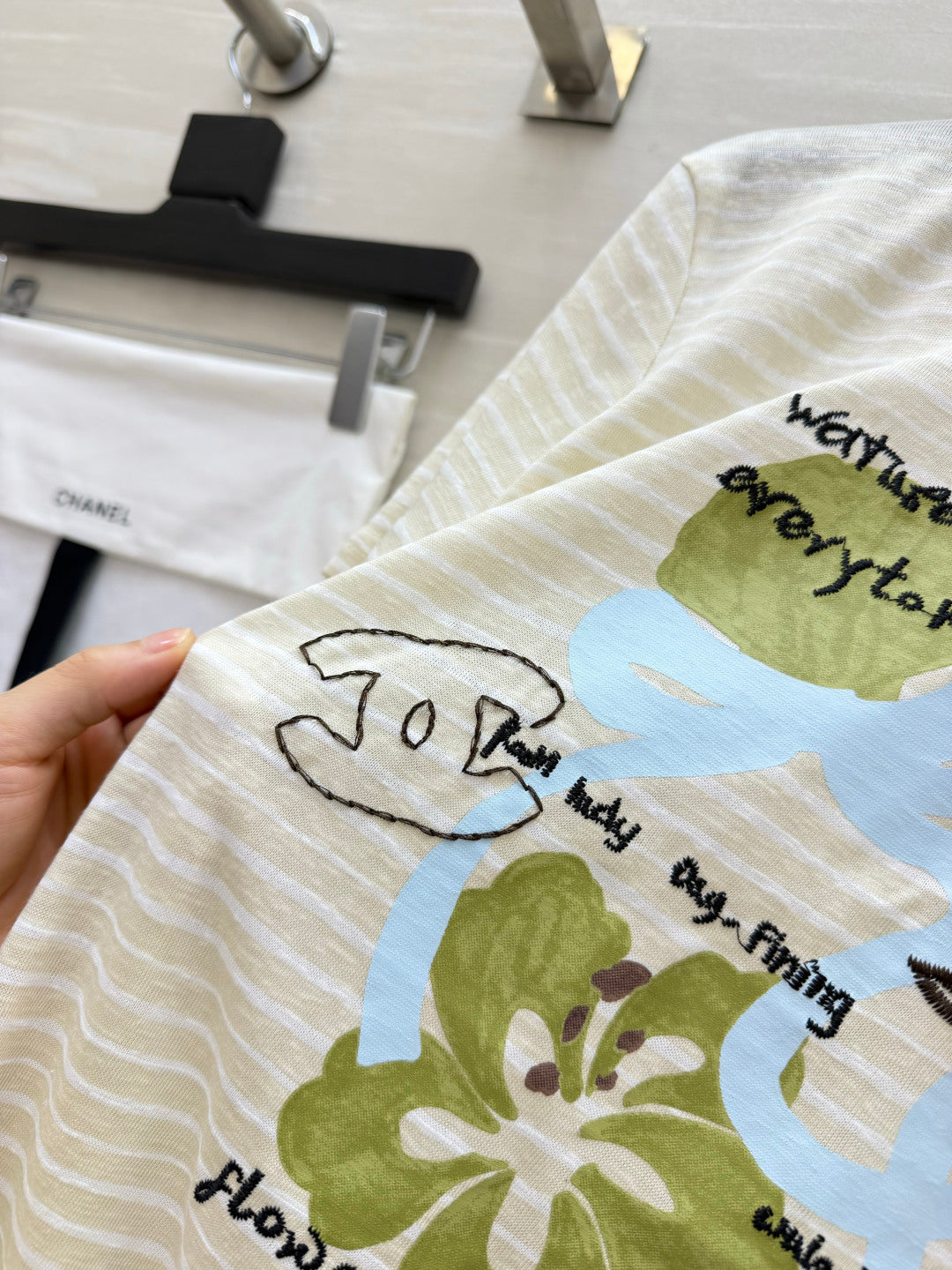 Chanel 2026 Striped Print Short-Sleeve T-Shirt Cream Blue Green Cotton