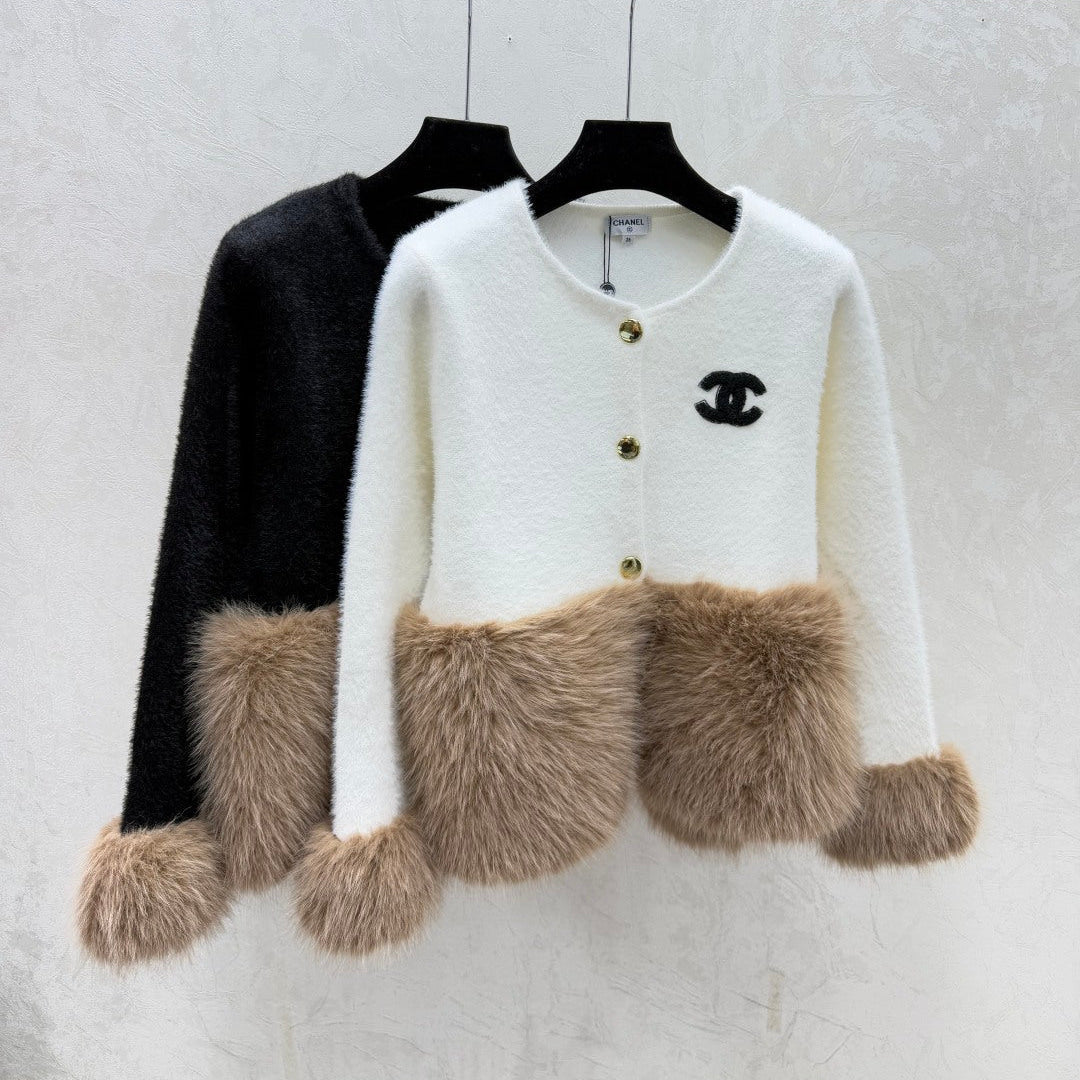 Chanel 2025 Cardigan White and Black Wool Faux Fur Trim