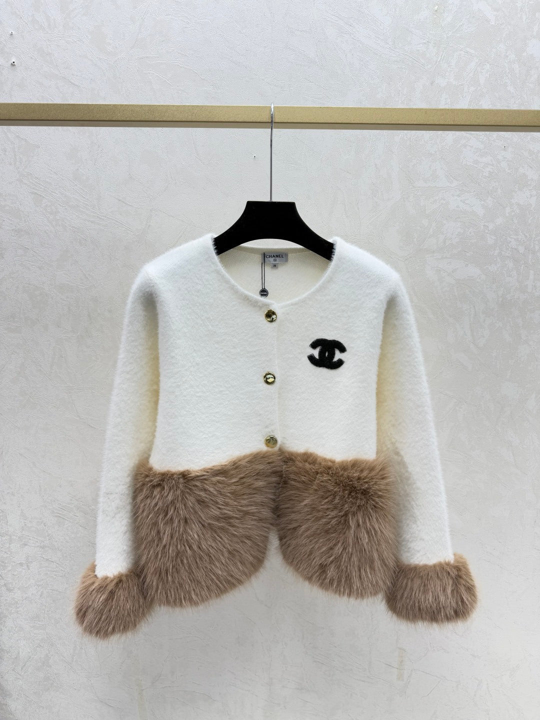 Chanel 2025 Cardigan White and Black Wool Faux Fur Trim