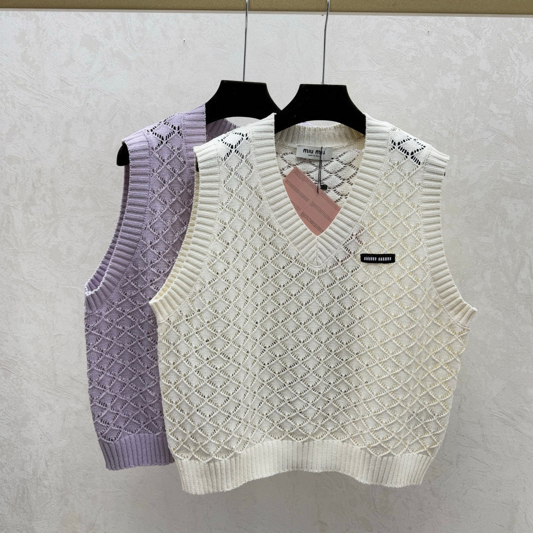 Miumiu 2026 Round Neck Openwork Knit Vest Cream and Purple Viscose Nylon