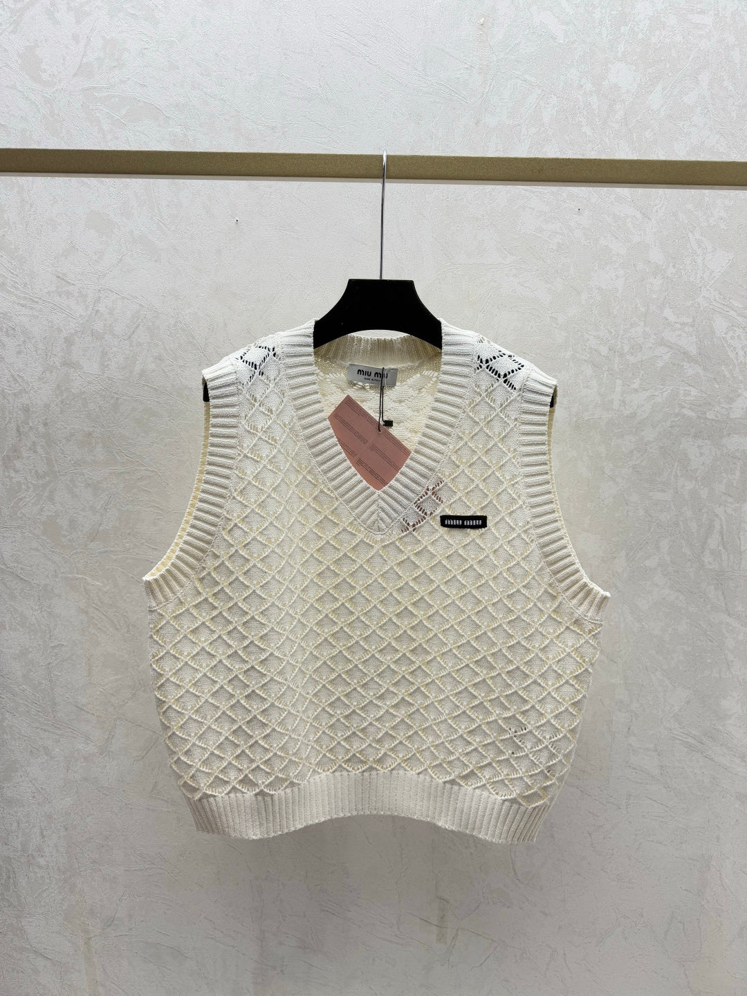 Miumiu 2026 Round Neck Openwork Knit Vest Cream and Purple Viscose Nylon