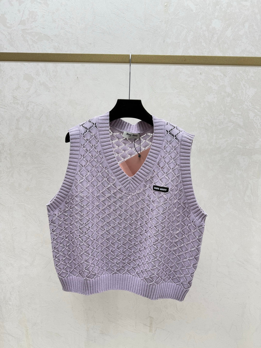 Miumiu 2026 Round Neck Openwork Knit Vest Cream and Purple Viscose Nylon