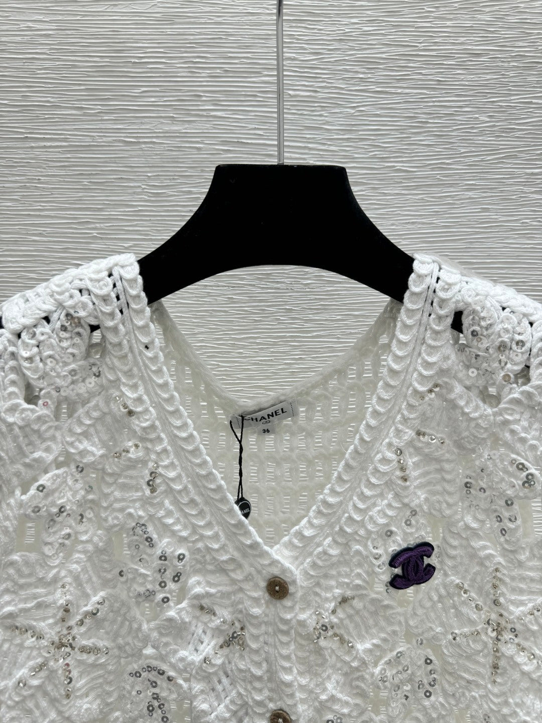 Chanel 2026 Hollow-out V-neck Knitted Vest Cardigan White Khaki Cotton