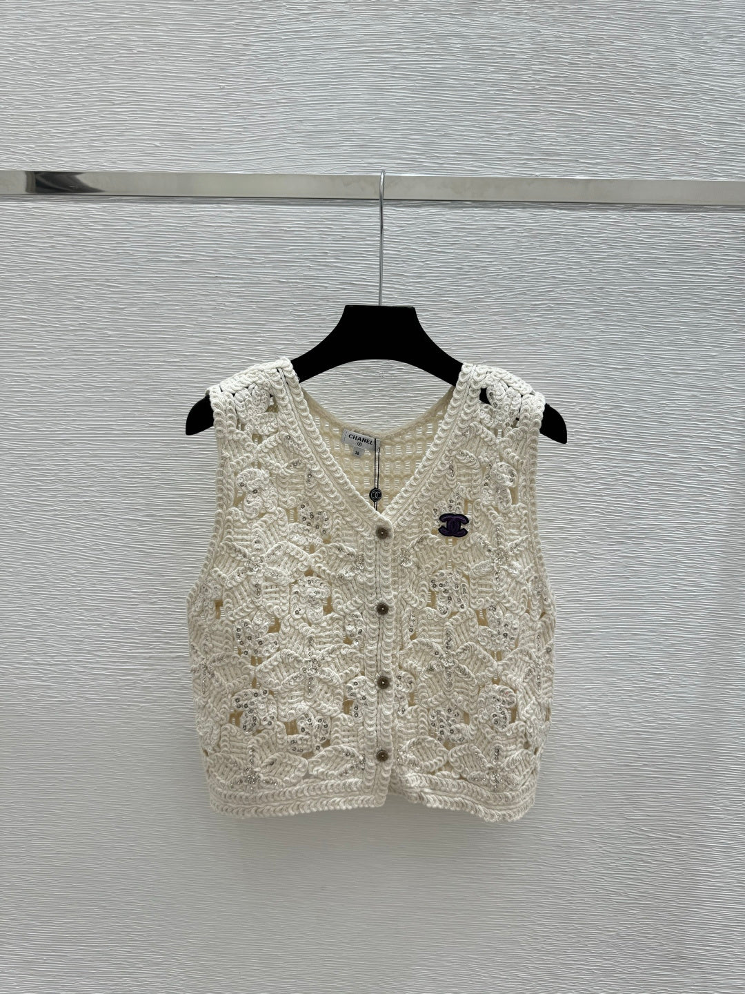 Chanel 2026 Hollow-out V-neck Knitted Vest Cardigan White Khaki Cotton