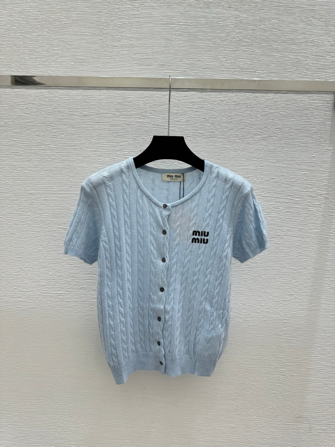 Miumiu 2026 Knit Short-sleeved Cardigan White and Blue Wool