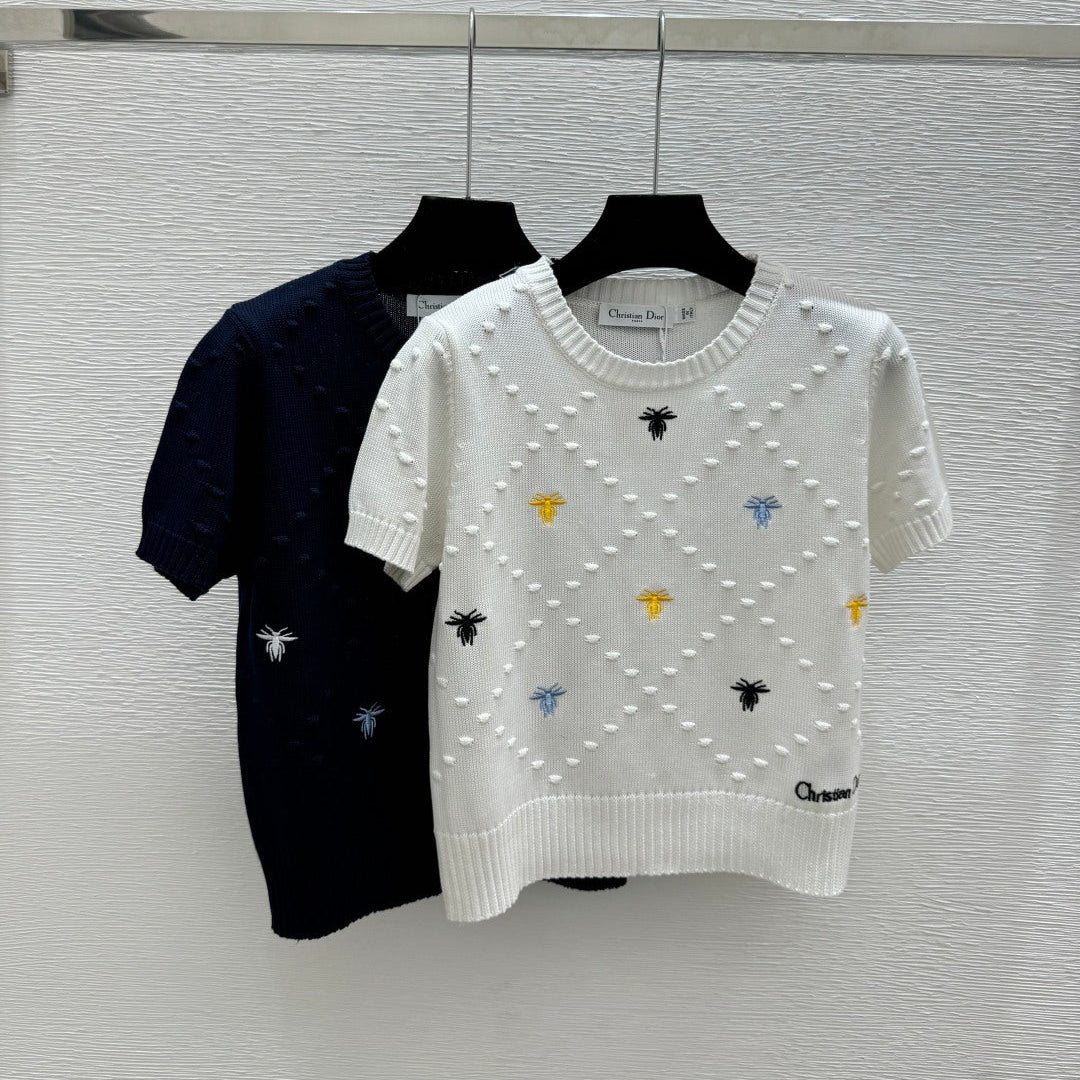 Dior 2026 Bee Round Neck Knitted Short Sleeve T-shirt Blue and White Wool