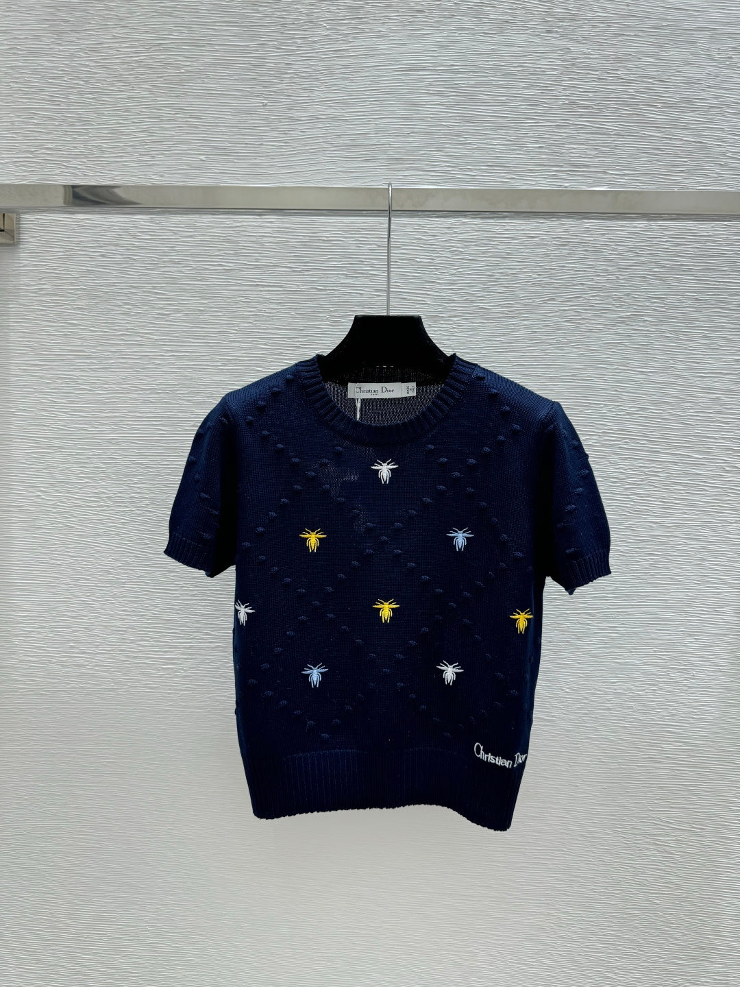 Dior 2026 Bee Round Neck Knitted Short Sleeve T-shirt Blue and White Wool