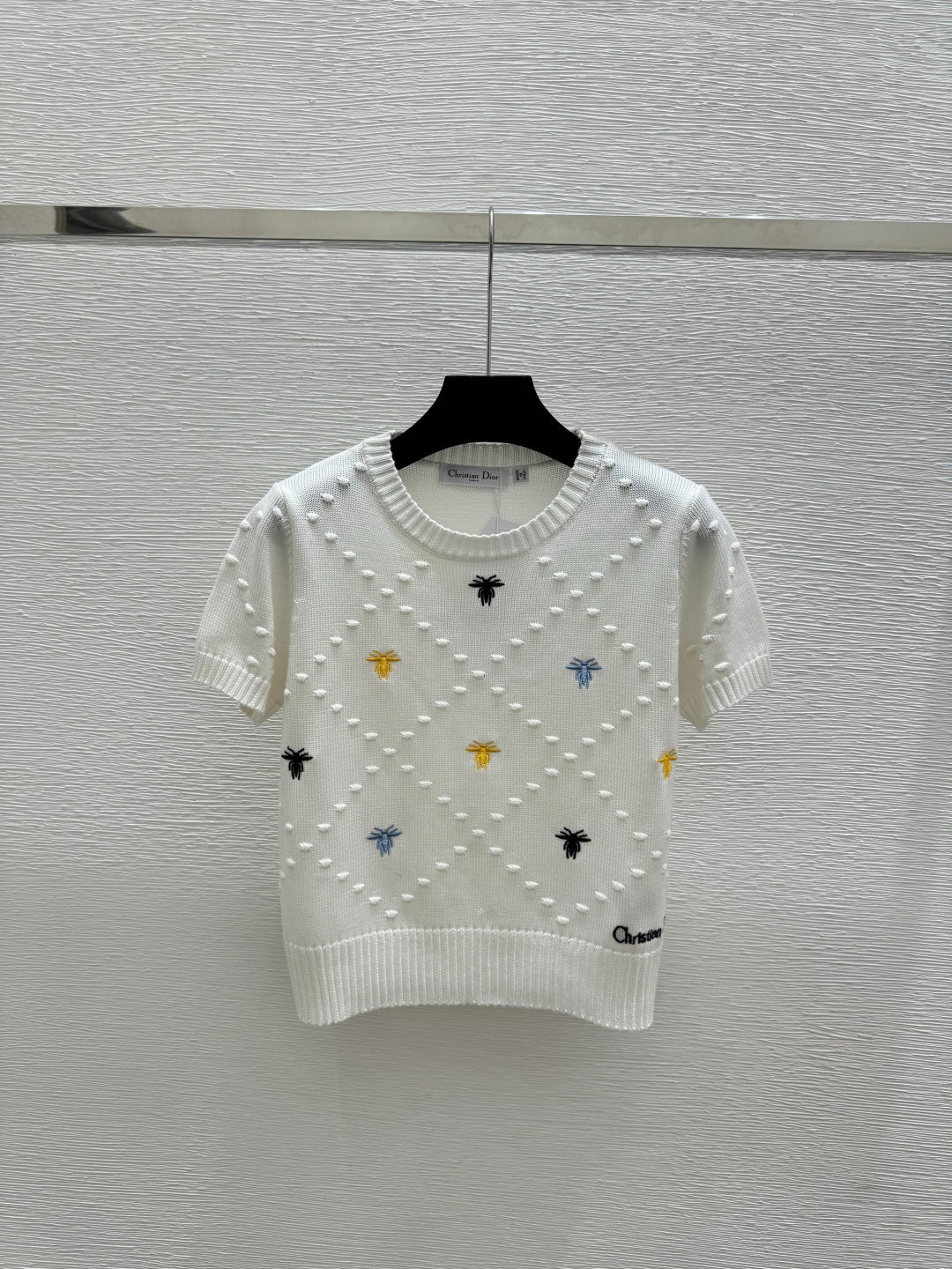 Dior 2026 Bee Round Neck Knitted Short Sleeve T-shirt Blue and White Wool