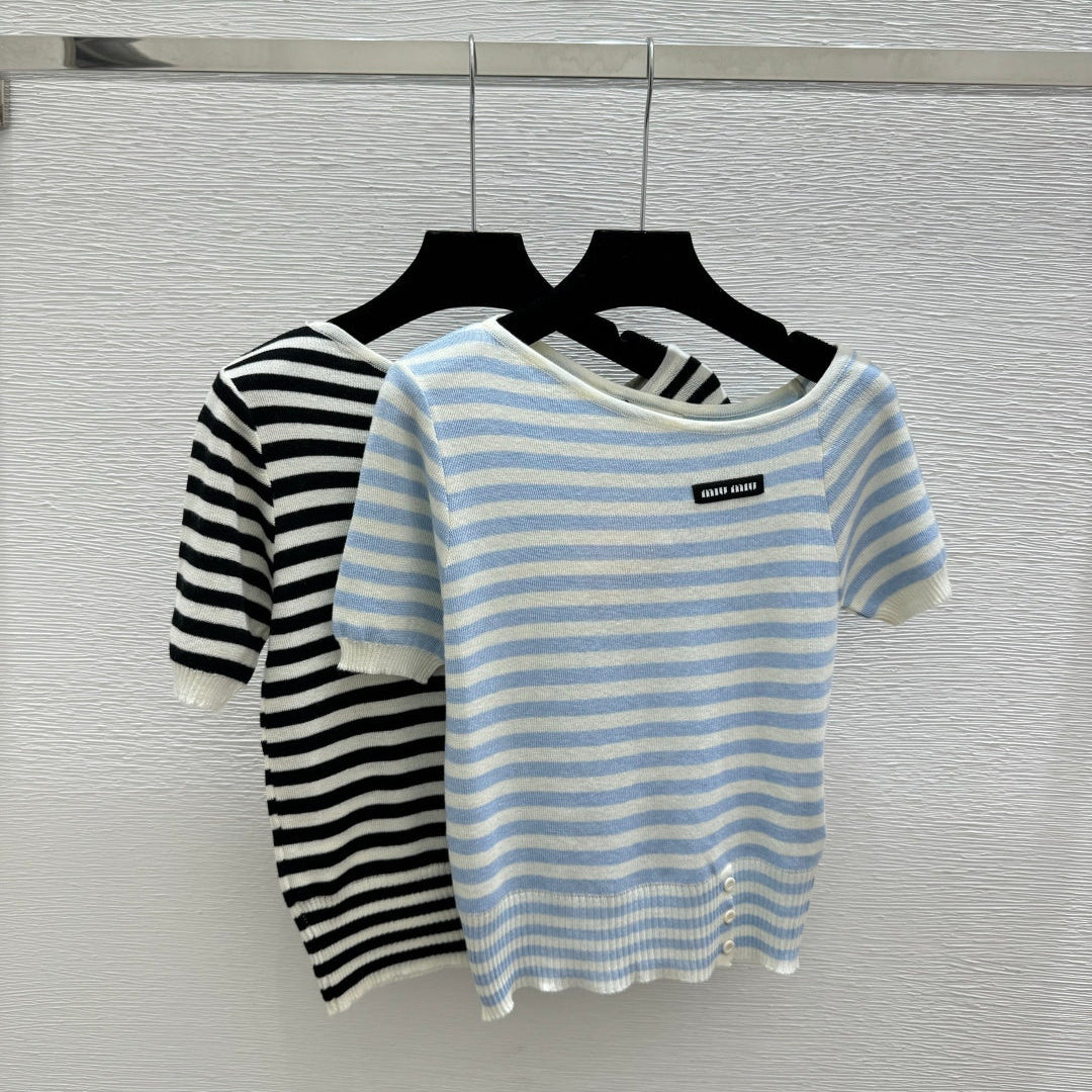 Miumiu 2026 Striped Knit Short-Sleeve Blue and Black Wool Polyester 132745
