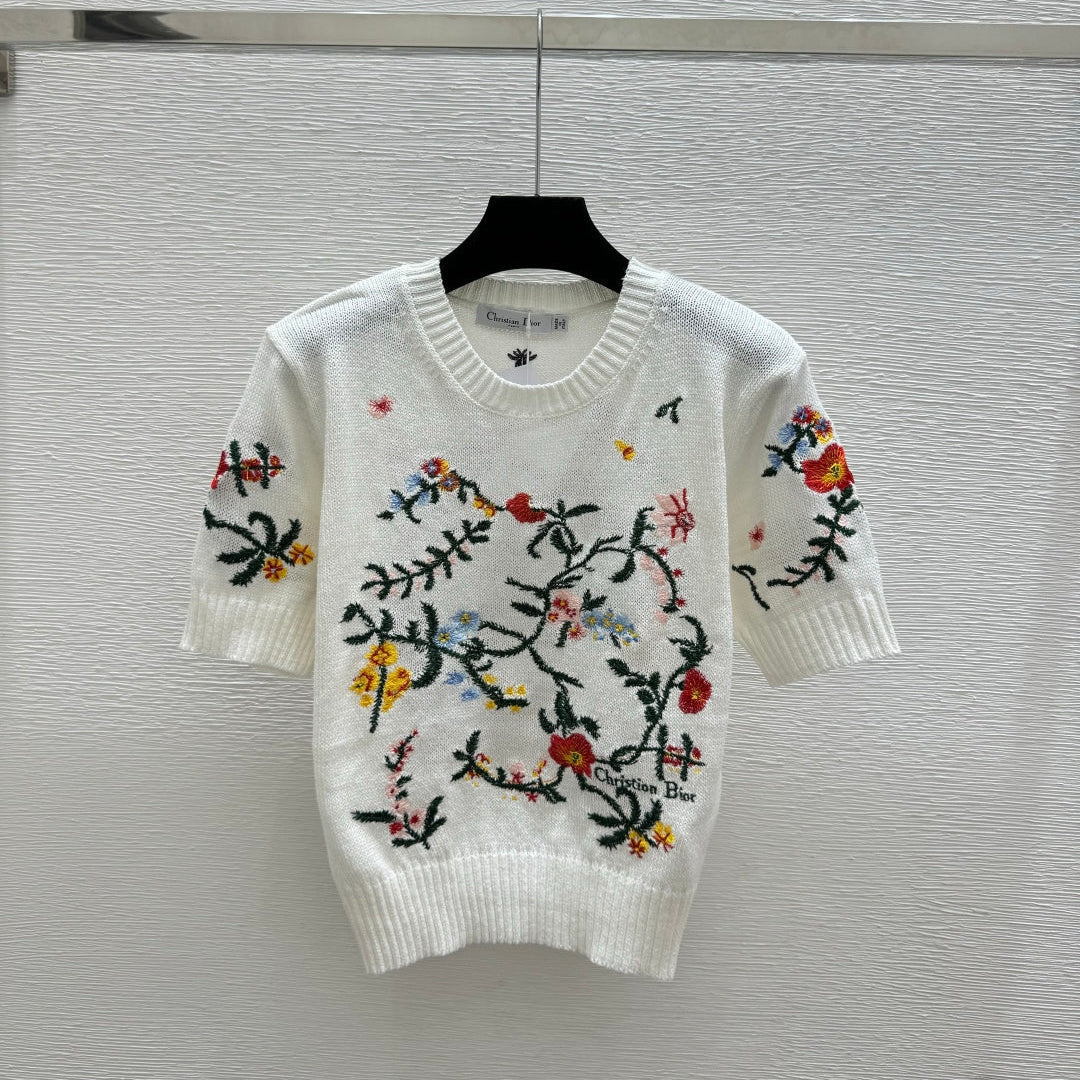 Dior 2026 Floral Crew Neck Knitted Short-Sleeve White Multicolor Wool 136079