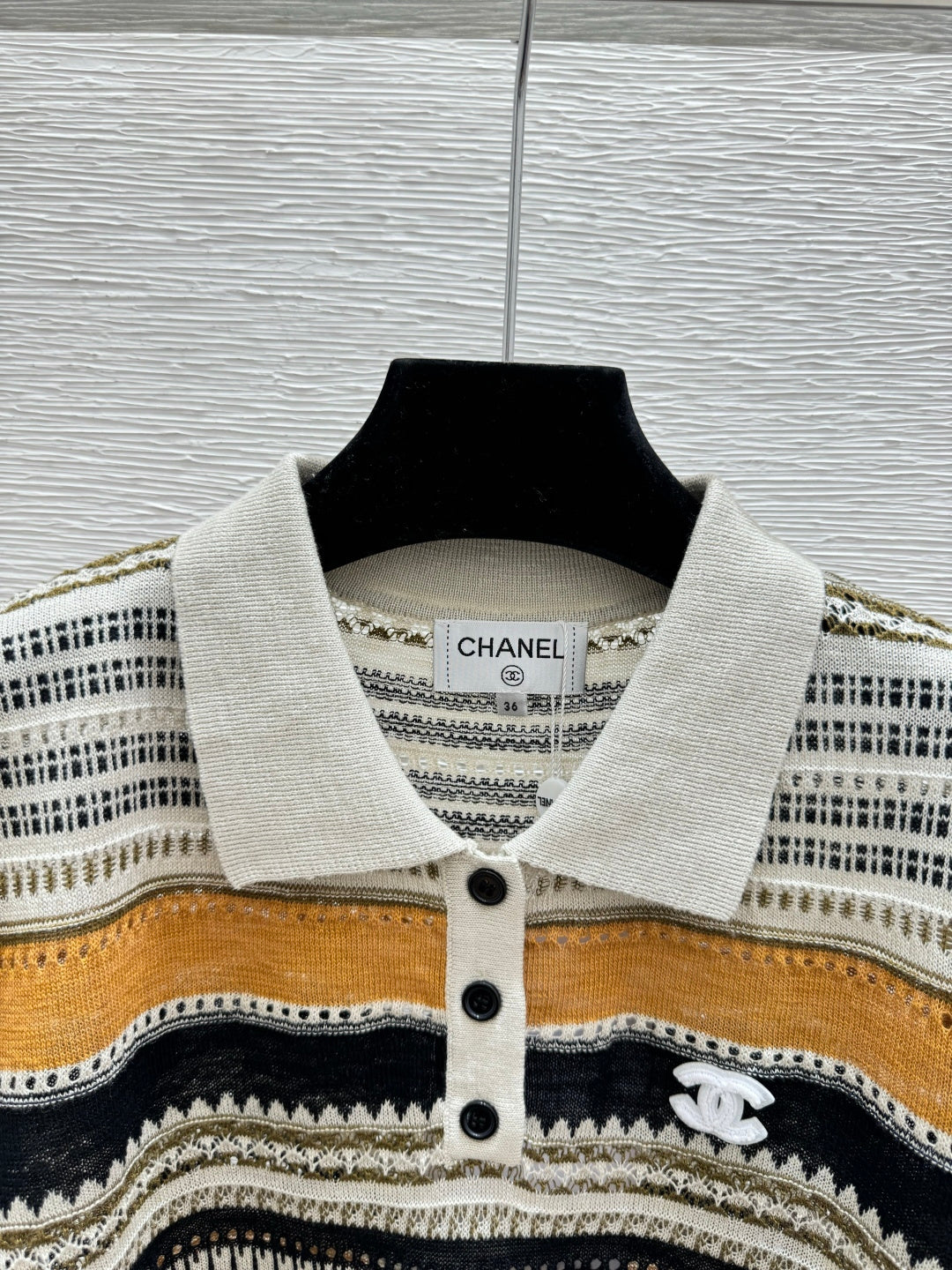 Chanel 2026 Striped Collared Simple Knit Short-Sleeve T-Shirt Wool Nylon 397696