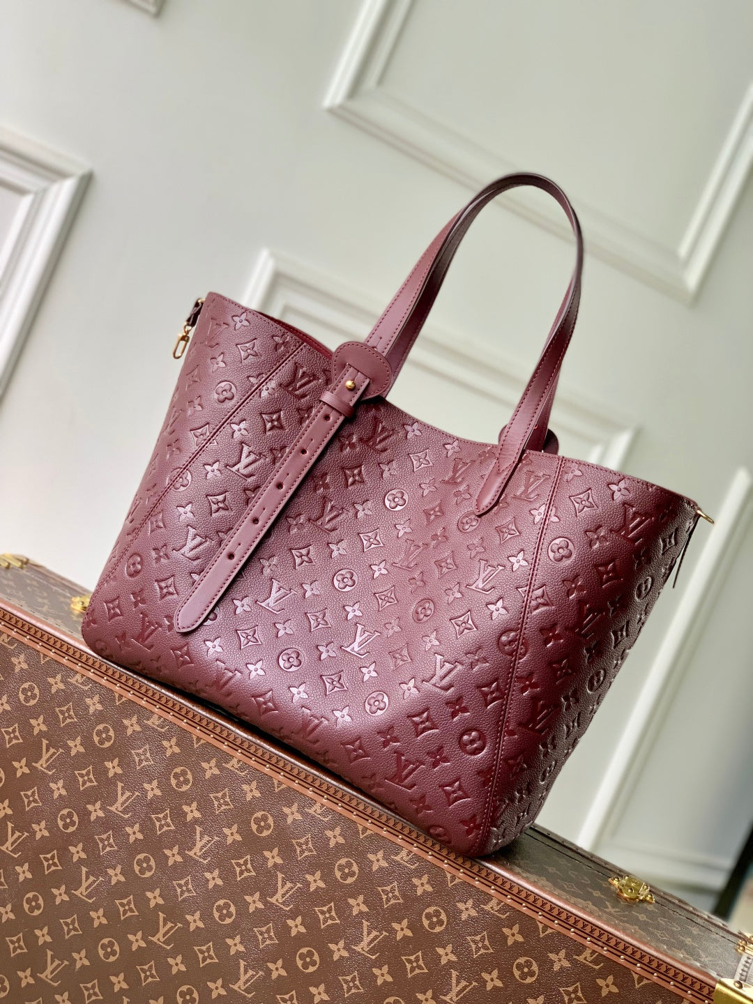 LV 2025 Louis Vuitton All In One MM Bag 56cm Wine Red Monogram Empreinte Leather 343623