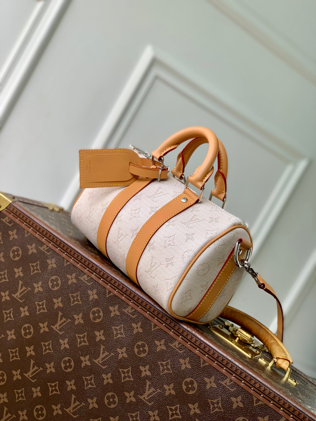 LV 2025 Keepall Bandoulière 25 Off-white mix Camel Canvas Leather 347090