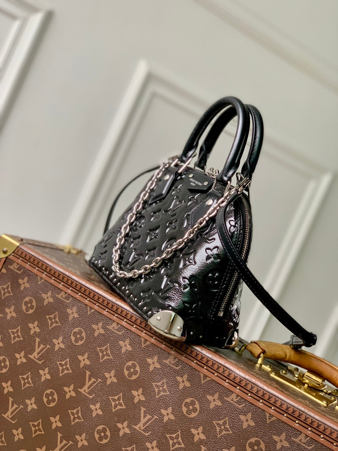 LV 2025 Alma BB Bag 22cm Black Silver Patent Leather 347371