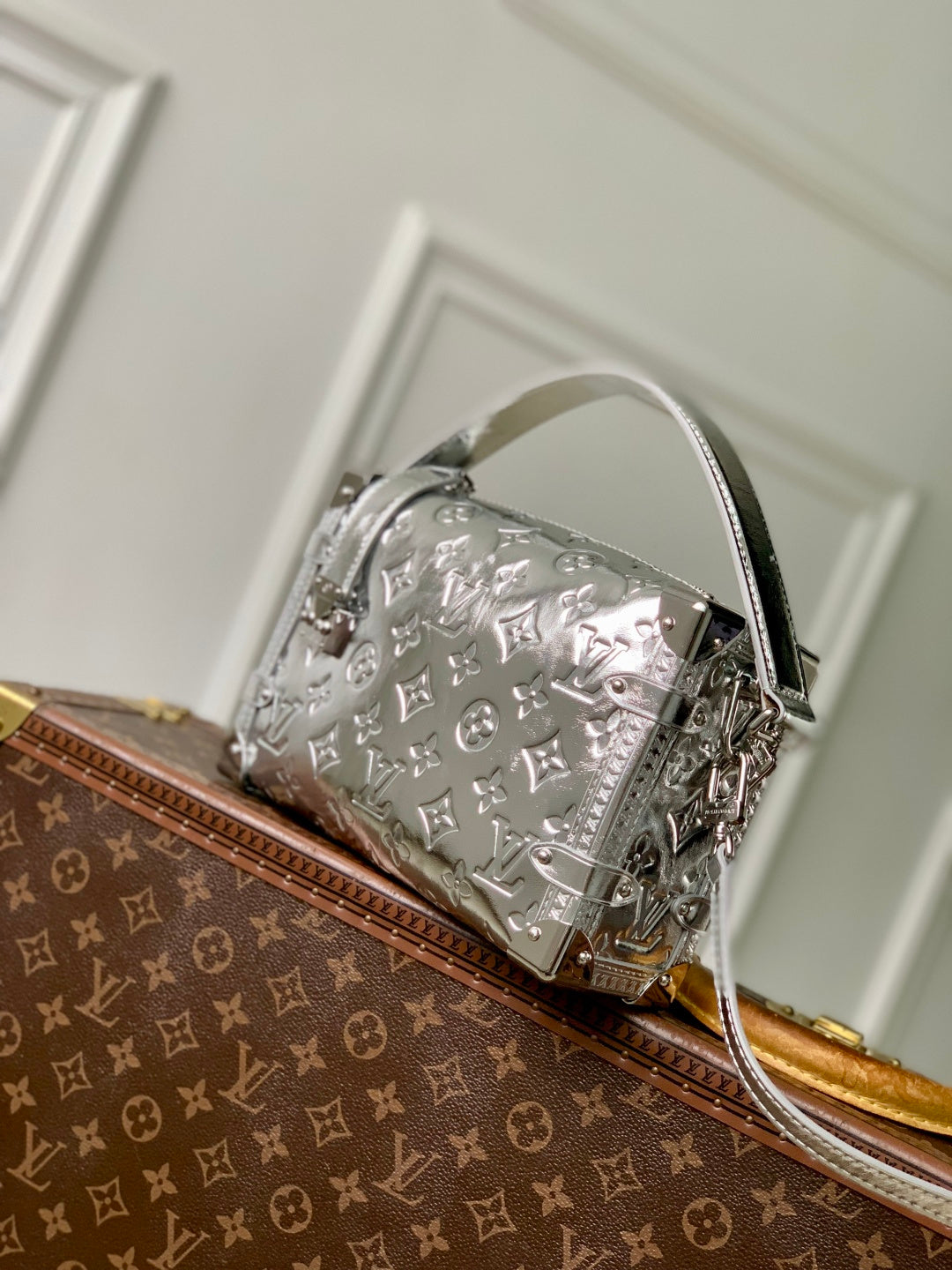 LV 2025 Side Trunk MM Bag Silver Calfskin 347376