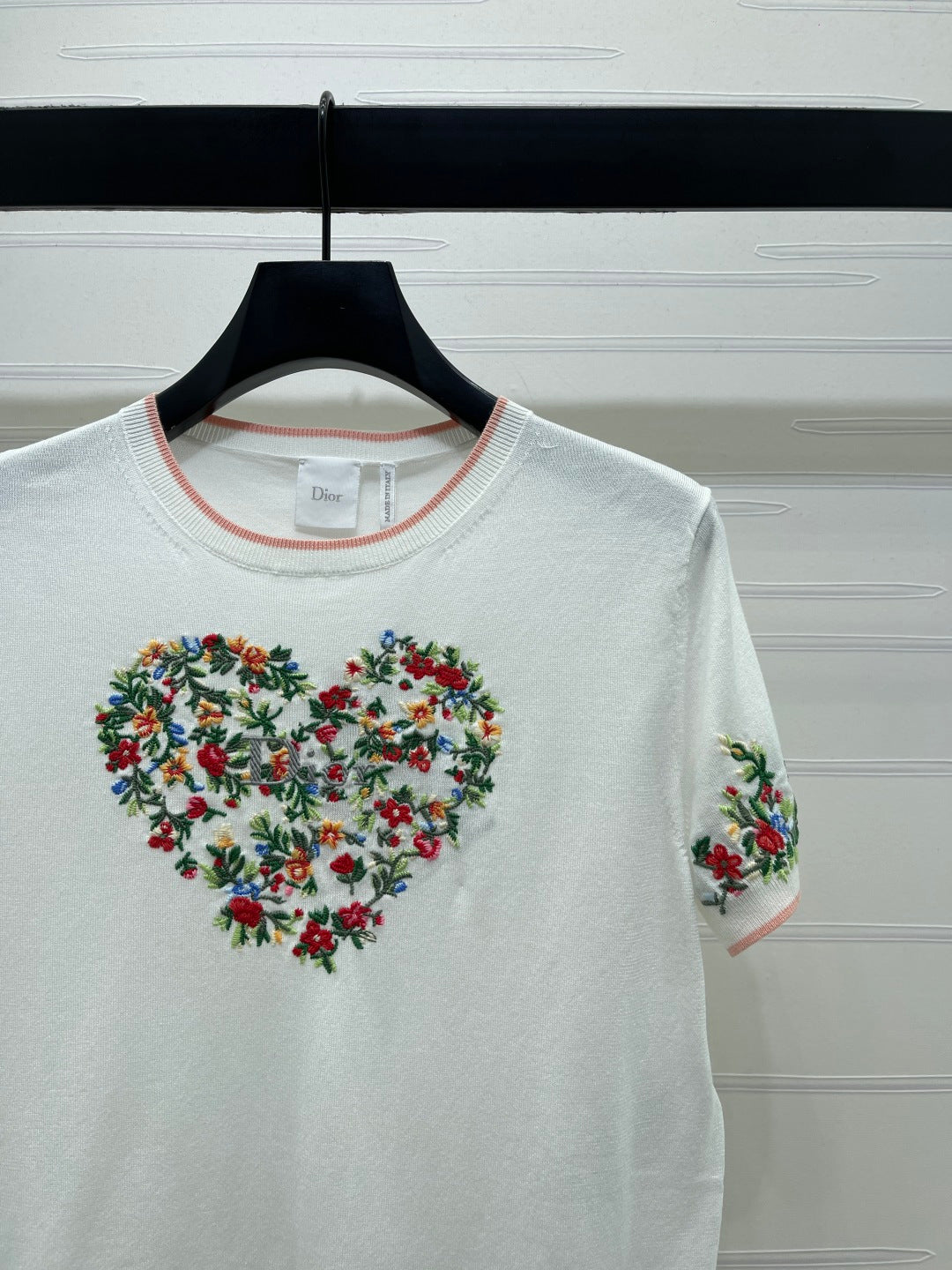 Dior 2026 Embroidered Floral Knit Short-Sleeve T-Shirt White mix Colors Wool