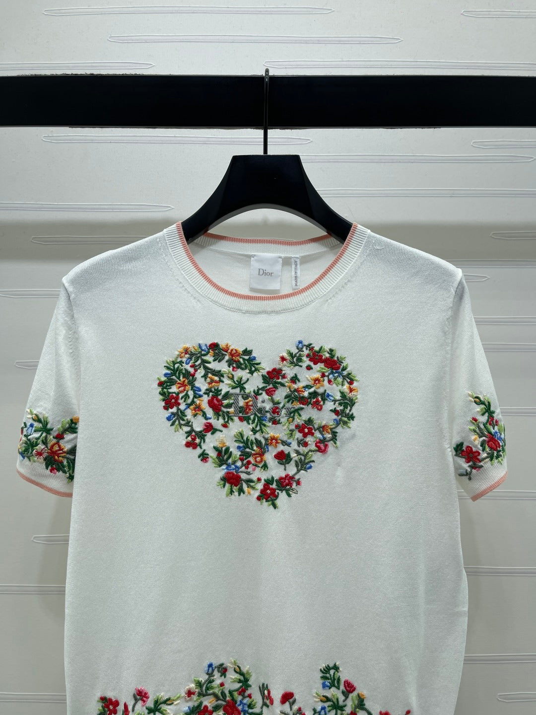 Dior 2026 Embroidered Floral Knit Short-Sleeve T-Shirt White mix Colors Wool